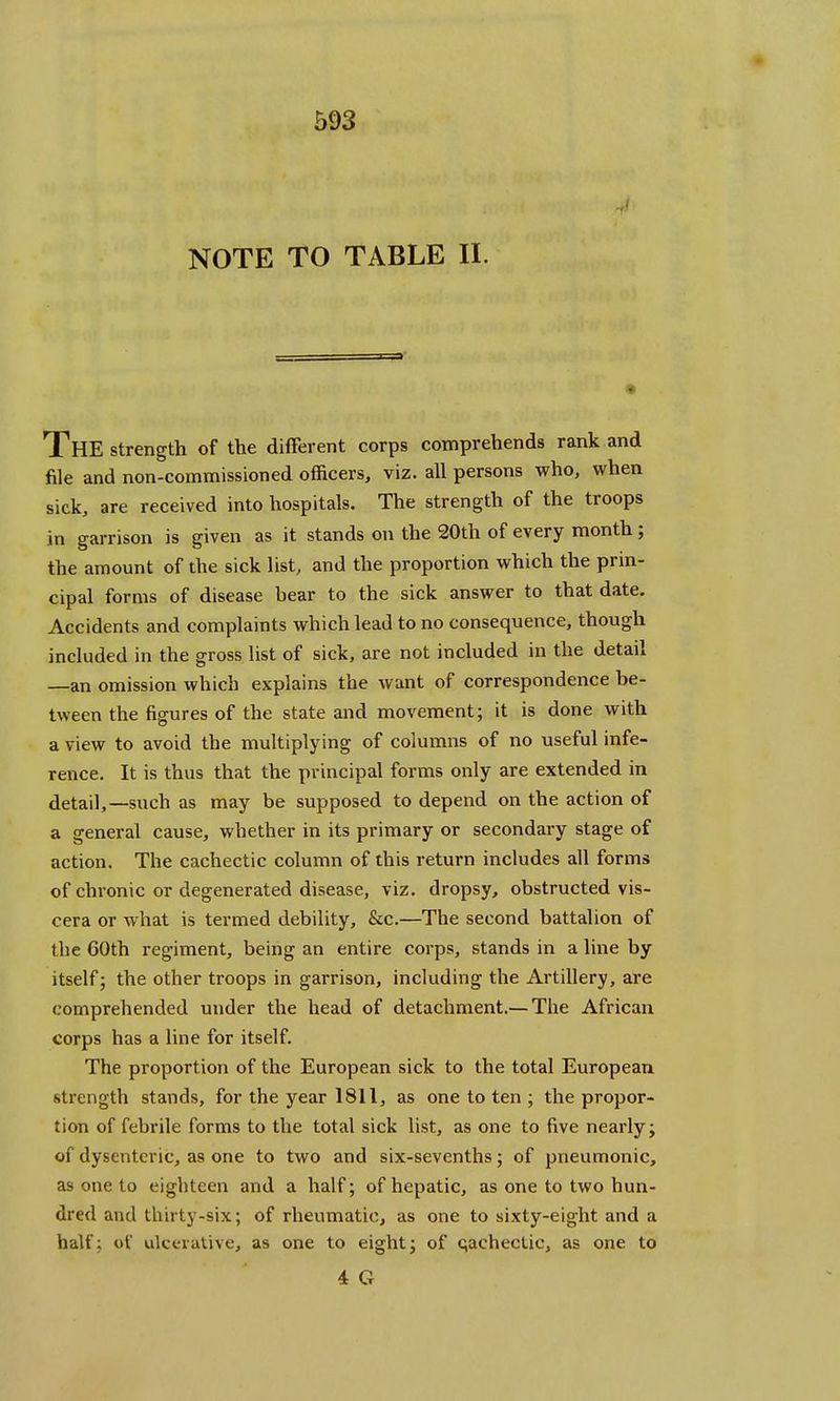 593 NOTE TO TABLE II. THE strength of the different corps comprehends rank and file and non-commissioned officers, viz. all persons who, when sick, are received into hospitals. The strength of the troops in garrison is given as it stands on the 20th of every month; the amount of the sick list, and the proportion which the prin- cipal forms of disease hear to the sick answer to that date. Accidents and complaints which lead to no consequence, though included in the gross list of sick, are not included in the detail —an omission which explains the want of correspondence be- tween the figures of the state and movement; it is done with a view to avoid the multiplying of columns of no useful infe- rence. It is thus that the principal forms only are extended in detail,—such as may be supposed to depend on the action of a general cause, whether in its primary or secondary stage of action. The cachectic column of this return includes all forms of chronic or degenerated disease, viz. dropsy, obstructed vis- cera or what is termed debility, &c.—The second battalion of the 60th regiment, being an entire corps, stands in a line by itself; the other troops in garrison, including the Artillery, are comprehended under the head of detachment.— The African corps has a line for itself. The proportion of the European sick to the total European strength stands, for the year 1811, as one to ten ; the propor- tion of febrile forms to the total sick list, as one to five nearly; of dysenteric, as one to two and six-sevenths; of pneumonic, as one to eighteen and a half; of hepatic, as one to two hun- dred and thirty-six; of rheumatic, as one to sixty-eight and a half: of ulcerative, as one to eight; of qachectic, as one to