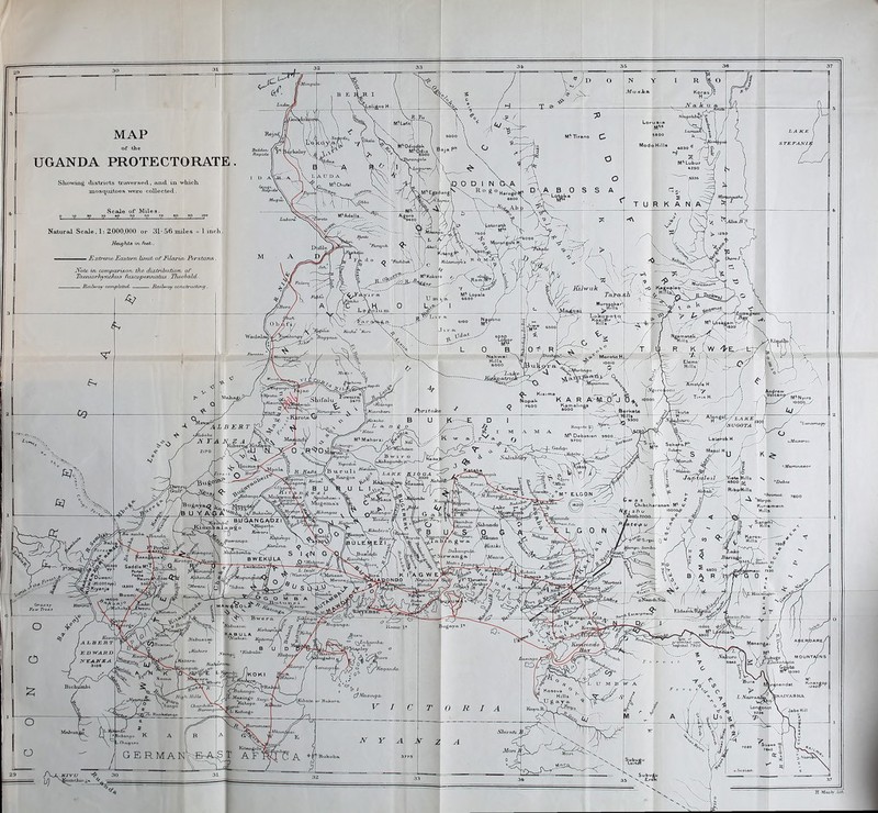 MAP of the UGANDA PROTECTORATE Sliowin^ districts IravBrsed., and. in whiclL mosq^uitoea -were coHeoted..