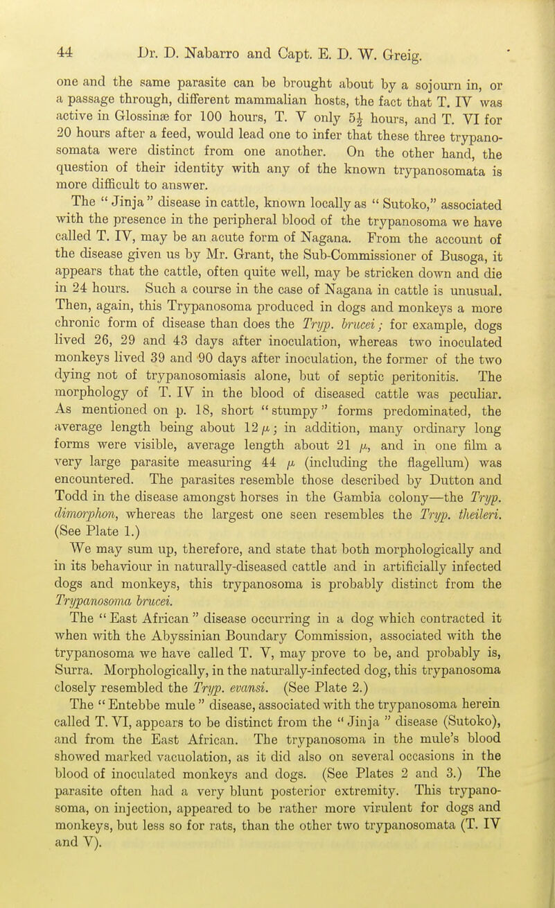 one and the same parasite can be brought about by a sojourn in, or a passage through, different mammalian hosts, the fact that T. IV was active in Glossinse for 100 hours, T. V only 5J hours, and T. VI for 20 hours after a feed, would lead one to infer that these three trypano- somata were distinct from one another. On the other hand, the question of their identity with any of the known trypan osomata is more difficult to answer. The  Jinja  disease in cattle, known locally as  Sutoko, associated with the presence in the peripheral blood of the trypanosoma we have called T. IV, may be an acute form of Nagana. From the account of the disease given us by Mr. Grant, the Sub-Commissioner of Busoga, it appears that the cattle, often quite well, may be stricken down and die in 24 hours. Such a course in the case of Nagana in cattle is unusual. Then, again, this Trypanosoma produced in dogs and monkeys a more chronic form of disease than does the Tnjp. hrucei; for example, dogs lived 26, 29 and 43 days after inoculation, whereas two inoculated monkeys lived 39 and 90 days after inoculation, the former of the two dying not of trypanosomiasis alone, but of septic peritonitis. The morphology of T. IV in the blood of diseased cattle was peculiar. As mentioned on p. 18, short stumpy forms predominated, the average length being about 12/a; in addition, many ordinary long forms were visible, average length about 21 /x, and in one film a very large parasite measuring 44 /x (including the flagellura) was encountered. The parasites resemble those described by Dutton and Todd in the disease amongst horses in the Gambia colony—the Tryp, dimorphon, whereas the largest one seen resembles the Tryp. theileri. (See Plate 1.) We may sum up, therefore, and state that both morphologically and in its behaviour in naturally-diseased cattle and in artificially infected dogs and monkeys, this trypanosoma is probably distinct from the Trypanosoma hrucei. The  East African  disease occurring in a dog which contracted it when with the Abyssinian Boundary Commission, associated with the trypanosoma we have called T. V, may prove to be, and probably is, Surra. Morphologically, in the naturally-infected dog, this trypanosoma closely resembled the Tryp. evansi. (See Plate 2.) The  Entebbe mule  disease, associated with the trypanosoma herein called T. VI, appears to be distinct from the  Jinja  disease (Sutoko), and from the East African. The trypanosoma in the mule's blood showed marked vacuolation, as it did also on several occasions in the blood of inoculated monkeys and dogs. (See Plates 2 and 3.) The parasite often had a very blunt posterior extremity. This trypano- soma, on injection, appeared to be rather more virulent for dogs and monkeys, but less so for rats, than the other two trypanosomata (T. IV and V). i