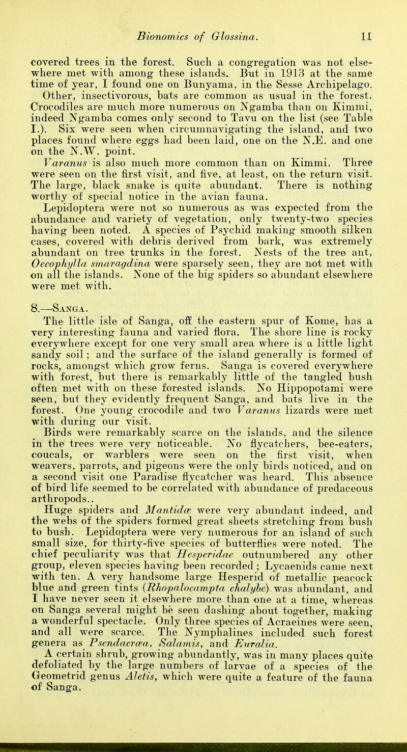 covered trees in the forest. Such a congregation was not else- where met with among these islands. But in 1913 at the same time of year, I found one on Bunyama, in the Sesse Archipelago. Other, insectivorous, bats are common as usual in the forest. Crocodiles are much more numerous on Ngamba than on Kimmi, indeed Ngamba comes only second to Tavu on the list (see Table I.). Six were seen when circumnavigating the island, and two places found where eggs had been laid, one on the N.E. and one on the N.W. point. Varanus is also much more common than on Kimmi. Three were seen on the first visit, and five, at least, on the return visit. The large, black snake is quite abundant. There is nothing worthy of special notice in the avian fauna. Lepidoptera were not so numerous as was expected from the abundance and variety of vegetation, only twenty-two species having been noted. A species of Psychid making smooth silken cases, covered with debris derived from bark, was extremely abundant on tree trunks in the forest. Nests of the tree ant, Oecophylla smaragdina were sparsely seen, they are not met with on all the islands. None of the big spiders so abundant elsewhere were met with. 8.—Sanga. The little isle of Sanga, oif the eastern spur of Kome, has a very interesting fauna and varied flora. The shore line is rocky everywhere except for one very small area where is a little light sandy soil; and the surface of the island generally is formed of rocks, amongst which grow ferns. Sanga is covered everywhere with forest, but there is remarkably little of the tangled bush often met with on these forested islands. No Hippopotami were seen, but they evidently frequent Sanga, and bats live in the forest. One young crocodile and two Varanus lizards were met with during our visit. Birds were remarkably scarce on the islands, and the silence in the trees were very noticeable. No flycatchers, bee-eaters, coucals, or warblers were seen on the first visit, when weavers, parrots, and pigeons were the only birds noticed, and on a second visit one Paradise flycatcher was heard. This absence of bird life seemed to be correlated with abundance of predaceous arthropods.. Huge spiders and Mantidce were very abundant indeed, and the webs of the spiders formed great sheets stretching from bush to bush. Lepidoptera were very numerous for an island of such small size, for thirty-five species of butterflies were noted. The chief peculiarity was that Hesperidae outnumbered any other group, eleven species having been recorded ; Lycaenids came next with ten. A very handsome large Hesperid of metallic peacock blue and green tints {Rhopalocampta chalyhe) was abundant, and I have never seen it elsewhere more than one at a time, whereas on Sanga several might be seen dashing about together, making a wonderful spectacle. Only three species of Acraeines were seen, and all were scarce. The Nymphalines included such forest genera as Psendacro'a, Salamis, and Euralia. A certain shrub, growing abundantly, was in many places quite defoliated by the large numbers of larvae of a species of the Cxeometrid genus Ahtis, which were quite a feature of the fauna of Sanga.