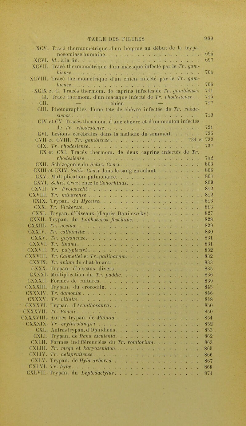 XCV. Trace thermométrique .d'un homme au début de la Irypa- nosomiase humaine . . 694 XCVI. M., il la fin. 697 XCVII. Tracé thermométrique d'un macaque infecté par le Tr. gam- biense 704 XÇVIII. Tracé thermométrique d'un chien infecté par le Tr. gam- biense. .. . ■ 706 XCIX cl G. Traces thermom. de caprins infectés de Tr. gambiensè. 711 CI. Tracé thermom. d'un macaque infecté de Tr. rhodesiense. . 715 CH. — chien — . . 717 GUI. Photographies dune tôle de chèvre infectée de Tr. rhode- siense . . . . . . . . . . . . 719 CIV et Cy. Tracés thermom. d'une chèvre et d'un mouton infectés de Tr. rliodesiense 721 GVI. Lésions cérébrales dans la maladie du sommeil 725 CVI1 et GVÏ1I. Tr. gambiensè • 731 et 732 CIX. Tr. rhodesiense 737 CX et CXI. Tracés thermom. de deux caprins infectés de Tr. rhodesiense 742 CXII. Schizogonie du Schiz. Cruzi 803 CX1II et CX1V. Schiz. Cruzi dans le sang- circulant 806 CXV. Multiplication pulmonaire 807 CXV1. Schiz. Cruzi chez le Conorhimis 809 GXVII. Tr. Proivazeki. . 812 CXVIII. Tr. minasense .812 CXIX. Trypan. du Myceles. '813 CXX. Tr. Vickersœ ' 813 GXXI. Trypan. d'Oiseaux (d'après Danilewsky) 827 GXXII. Trypan. du. Lophoceros J'ascialas 828 CXX1ÏI. Tr. noctuœ 829 CXXIV. Tr. catharistœ 830 CXXV. Tr. guyanense 831 GXXVI. Tr. tinami 831 CXXVI1. Tr. polyplectri ' 832 CXXVIII. Tr. Calmellei et Tr. gallinarum 832 CXX1X. Tr. avium du chat-huant 833 CXXX. Trypan. d'oiseaux divers 835 CXXXI. Multiplication du Tr. paddœ . . . 836 CXXXI1. Formes de cultures 839 CXXXIII. Trypan. du crocodile 845 CXXXIV. Tr.damoniœ 846 CXXXV. Tr. viltalœ 848 CXXXVI. Trypan. (.VAcanlhosaura 850 CXXXVII. Tr. Boueli . . . . • 850 CXXXVIII. Autres trypan. de Mabuia 851 CXXXiX. Tr. erylhrolampri . 852 CXh. Autres trypan. d'Ophidiens 853 CXIJ. Trypan. de Rana esculenia 862 CXI.II. Formes indifférenciées du Tr. rolaiorium 863 GXLIH. Tr. inega et karyozeukton 865 CXI.IV. Tr. nelspruitense. . . 866 CXLV. Trypan. de Hyla arborea 867 CXLVI. Tr. hylœ 868 GXLVII. Trypan. du Leplodaclylus 871