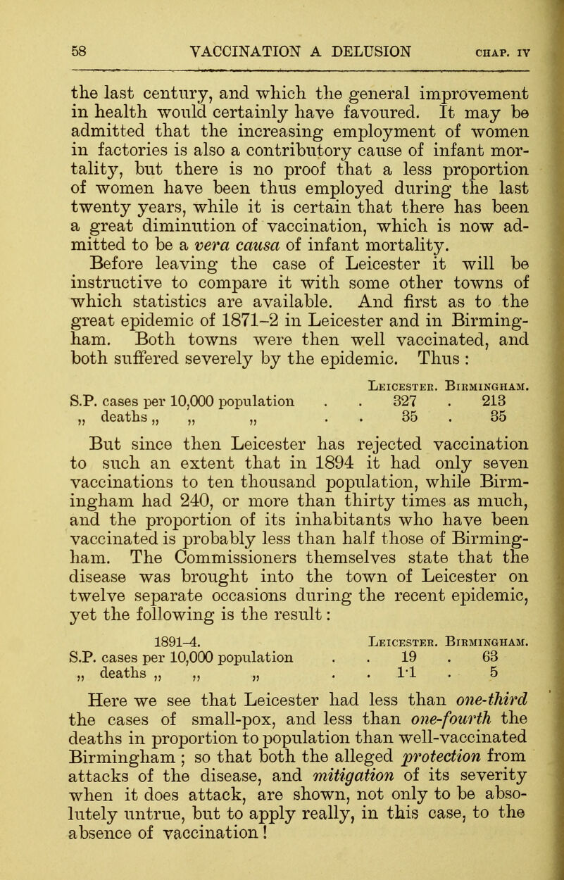 the last century, and which the general improvement in health would certainly have favoured. It may be admitted that the increasing employment of women in factories is also a contributory cause of infant mor- tal^, but there is no proof that a less proportion of women have been thus employed during the last twenty years, while it is certain that there has been a great diminution of vaccination, which is now ad- mitted to be a vera causa of infant mortality. Before leaving the case of Leicester it will be instructive to compare it with some other towns of which statistics are available. And first as to the great epidemic of 1871-2 in Leicester and in Birming- ham. Both towns were then well vaccinated, and both suffered severely by the epidemic. Thus : Leicester. Birmingham. S.P. cases per 10,000 population 327 213 „ deaths „ „ „ 35 35 But since then Leicester has rejected vaccination to such an extent that in 1894 it had only seven vaccinations to ten thousand population, while Birm- ingham had 240, or more than thirty times as much, and the proportion of its inhabitants who have been vaccinated is probably less than half those of Birming- ham. The Commissioners themselves state that the disease was brought into the town of Leicester on twelve separate occasions during the recent epidemic, yet the following is the result: 1891-4. Leicester. Birmingham. S.P. cases per 10,000 population 19 . 63 „ deaths „ „ „ . . l'l . 5 Here we see that Leicester had less than one-third the cases of small-pox, and less than one-fourth the deaths in proportion to population than well-vaccinated Birmingham ; so that both the alleged protection from attacks of the disease, and mitigation of its severity when it does attack, are shown, not only to be abso- lutely untrue, but to apply really, in this case, to the absence of vaccination!