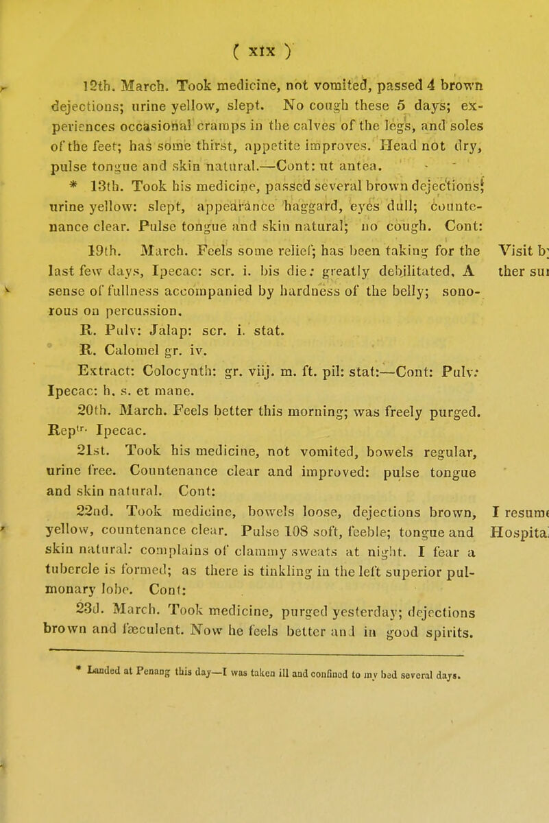 12th. March. Took medicine, not vomited, passed 4 brown dejections; urine yellow, slept. No cough these 5 days; ex- periences occasional cramps in the calves of the legs, and soles of* the feet; has some thirst, appetite improves. Head not dry, pulse tongue and skin natural.—Cont: ut antea. * 13th. Took his medicine, passed several brown dejections urine yellow: slept, appearance haggard, eyes dull; counte- nance clear. Pulse tongue and skin natural; no cough. Cont: 19th. March. Feels some relief; has been taking for the Visit b; last few days, Ipecac: scr. i. bis die: greatly debilitated, A ther sui sense of fullness accompanied by hardness of the belly; sono- rous on percussion, R. Pulv: Jalap: scr. i. stat. R. Calomel gr. iv. Extract: Colocynth: gr. viij. m. ft. pil: stat:—Cont: Pulv: Ipecac: h. s. et mane. 20th. March. Feels better this morning; was freely purged. Rep,r- Ipecac. 21st. Took his medicine, not vomited, bowels regular, urine free. Countenance clear and improved: pulse tongue and skin natural. Cont: 22nd. Took medicine, bowels loose, dejections brown, I resumi yellow, countenance clear. Pulse 108 soft, feeble; tongue and Hospita: skin natural: complains of clammy sweats at night. I fear a tubercle is formed; as there is tinkling in the left superior pul- monary lobe. Cont: 23d. March. Took medicine, purged yesterday; dejections brown and laeculent. Now he feels better and in good spirits. * Landed at Penanp; this Coxy—I was taken ill and confined to jnv bad several days.