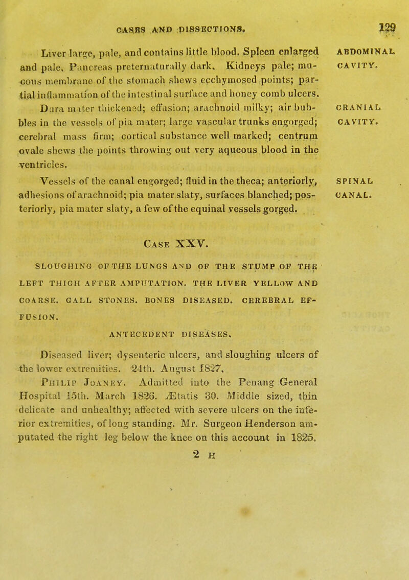 C ASKS AND PISS EOT! ONS. Liver large, pale, and contains little blood. Spleen enlarged and pale, Pancreas pretematurally dark. Kidneys pale; mu- cous membrane of the stomach shews ecchymosed points; par- tial inflammation of the intestinal surface and honey comb ulcers. Dura miter thickened; effusion; arachnoid milky; air bub- bles in the vessels of pia m iter; large vascular trunks engorged; cerebral mass firm; cortical substance well marked; centrum ovale shews the points throwing out very aqueous blood in the ventricles. Vessels of the canal engorged; fluid in the theca; anteriorly, adhesions of arachnoid; pia mater slaty, surfaces blanched; pos- teriorly, pia mater slaty, a few of the equinal vessels gorged. ABDOMINAL CAVITY. CRANIAL CAVITY. SPINAL CANAL. Case XXV. SLOUGHING OF THE LUNGS AND OF THE STUMP OF THE LEFT THIGH AFTER AMPUTATION. THE LIVER YELLOW AND COARSE. GALL STONES. BONES DISEASED. CEREBRAL EF- FUSION. ANTECEDENT DISEASES. Diseased liver; dysenteric ulcers, and sloughing ulcers of the lower extremities. 24th. August XS27, Philip Joaney. Admitted into the Penang General Hospital 15th. March 1826. ^Etatis 30. Middle sized, thin delicate and unhealthy; affected with severe ulcers on the infe- rior extremities, of long standing. Mr. Surgeon Henderson am- putated the right leg below the knee on this account in 1825. 2 H