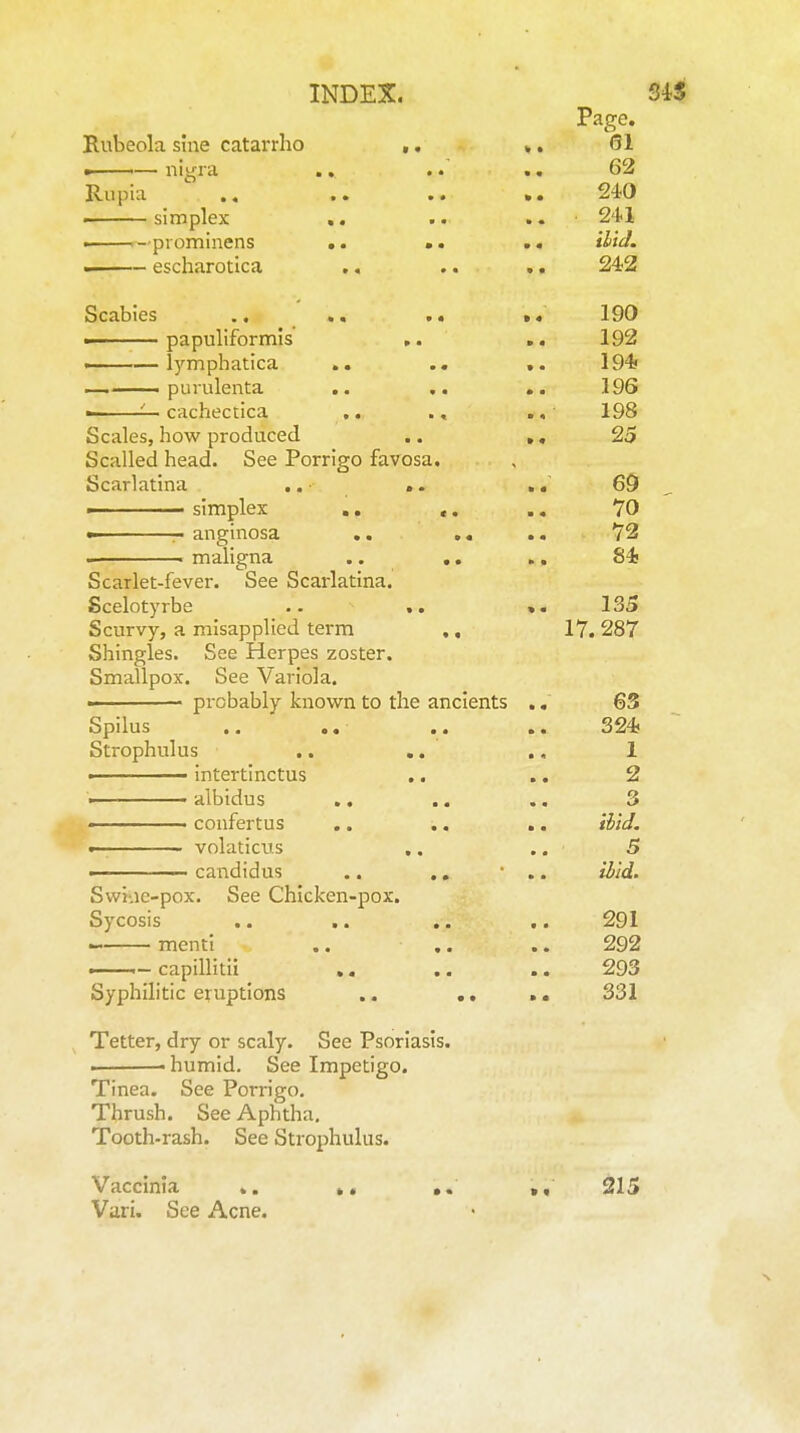 Page. Rubeola sine catarrho ,. ». 61 -— nigra .. .. .. 62 Rupia 240 ■ simplex .. .. . • 241 .—piominens .. «. .. Hid. — escharotica ., .. .. 242 Scabies ., .. »« 190 . papuliformis .. 192 . —lymphatica ,. I94« I ■ purulenta .. .. .. 19S •' cachectica .. ., ., 198 Scales, how produced .. ,, 25 Scalled head. See Porrigo favosa. Scarlatina ..■ 69 , ■■ ' simplex .. ,. .. VO  r anginosa .. .. .. 72 . maligna .. .. .. 84 Scarlet-fever. See Scarlatina. Scelotyrbe .. .. ». 135 Scurvy, a misapplied term ,, 17. 287 Shingles. See Herpes zoster. Smallpox. See Variola. » probably known to the ancients ., 63 Spilus .. ,. .. .. 324* Strophulus .. .. ,. 1 . intertinctus .. .. 2 '< albidus .. .. .. 3 • confertus .. ., .. Hid. »■ volaticus ., ,. 5 ■ candidus .. ,, • .. Hid. Swiiic-pox. See Chicken-pox. Sycosis .. .. .. .. 291 — menti .. .. .. 292 —I- capillitii ,, .. .. 293 Syphilitic eruptions .. .. >. 331 ^ Tetter, dry or scaly. See Psoriasis. . ■ humid. See Impetigo. Tinea. See Porrigo, Thrush. See Aphtha, Tooth-rash. See Strophulus. Vaccinia 215 Vari. See Acne.