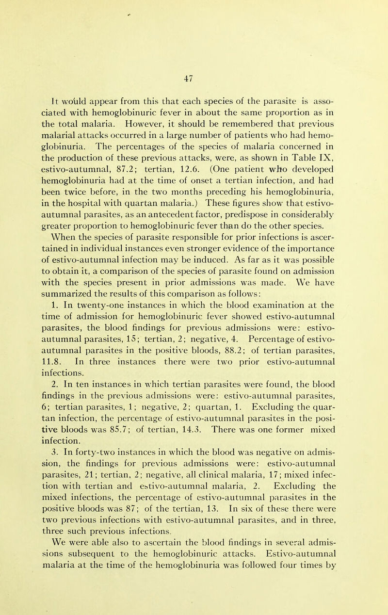 11 wolild appear from this that each species of the parasite is asso- ciated with hemoglobinuric fever in about the same proportion as in the total malaria. However, it should be remembered that previous malarial attacks occurred in a large number of patients who had hemo- globinuria. The percentages of the species of malaria concerned in the production of these previous attacks, were, as shown in Table IX, estivo-autumnal, 87.2; tertian, 12.6. (One patient who developed hemoglobinuria had at the time of onset a tertian infection, and had been twice before, in the two months preceding his hemoglobinuria, in the hospital with quartan malaria.) These figures show that estivo- autumnal parasites, as an antecedent factor, predispose in considerably greater proportion to hemoglobinuric fever than do the other species. When the species of parasite responsible for prior infections is ascer- tained in individual instances even stronger evidence of the importance of estivo-autumnal infection may be induced. As far as it was possible to obtain it, a comparison of the species of parasite found on admission with the species present in prior admissions was made. We have summarized the results of this comparison as follows: 1. In twenty-one instances in which the blood examination at the time of admission for hemoglobinuric fever showed estivo-autumnal parasites, the blood findings for previous admissions were: estivo- autumnal parasites, 15; tertian, 2; negative, 4. Percentage of estivo- autumnal parasites in the positive bloods, 88.2; of tertian parasites, 11.8. In three instances there were two prior estivo-autumnal infections. 2. In ten instances in which tertian parasites were found, the blood findings in the previous admissions were: estivo-autumnal parasites, 6; tertian parasites, 1; negative, 2; quartan,!. Excluding the quar- tan infection, the percentage of estivo-autumnal parasites in the posi- tive bloods was 85.7; of tertian, 14.3. There was one former mixed infection. 3. In forty-two instances in which the blood was negative on admis- sion, the findings for previous admissions were: estivo-autumnal parasites, 21; tertian, 2; negative, all clinical malaria, 17; mixed infec- tion with tertian and Cbtivo-autumnal malaria, 2. Excluding the mixed infections, the percentage of estivo-autumnal parasites in the positive bloods was 87; of the tertian, 13. In six of these there were two previous infections with estivo-autumnal parasites, and in three, three such previous infections. We were able also to ascertain the blood findings in several admis- sions subsequent to the hemoglobinuric attacks. Estivo-autumnal malaria at the time of the hemoglobinuria was followed four times by