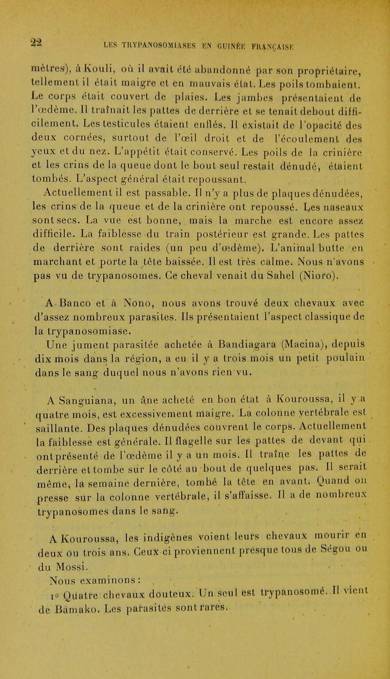 ±2 mètres), àKouli, où il avail été abandonné par son propriétaire tellement il était maigre et en mauvais état. Les poils tombaient. Le corps était couvert de plaies. Les jambes présentaient de l'œdème. 11 traînait les pattes de derrière et se tenait debout diffi- cilement. Les testicules étaient enflés. Il existait de l'opacité des deux cornées, surtout de l'œil droit et de l'écoulement des yeux et du nez. L'appétit était conservé. Les poils de la crinière et les crins de la queue dont le bout seul restait dénudé, étaient tombés. L'aspect général était repoussant. Actuellement il est passable. Il n'y a plus de plaques dénudées, les crins de la queue et de la crinière ont repoussé. Les naseaux sont secs. La vue est bonne, mais la marche est encore assez difficile. La faiblesse du train postérieur est grande. Les pattes de derrière sont raides (un peu d'œdème). L'animal butte en marchant et porte la tête baissée. Il est très calme. Nous n'avons pas vu de trypanosomes. Ce cheval venait du Sahel (Nioro). A Banco et à Nono, nous avons trouvé deux chevaux avec d'assez nombreux parasites. Ils présentaient l'aspect classique de la trypanosomiase. Une jument parasitée achetée à Bandiagara (Macina), depuis dix mois dans la région, a eu il y a trois mois un petit poulain dans le sang duquel nous n'avons rien vu. A Sanguiana, un â,ne acheté en bon état à Kouroussa, il y a quatre mois, est excessivement maigre. La colonne Vertébrale est saillante. Des plaques dénudées couvrent le corps. Actuellement la faiblesse est générale. Il flagelle sur les pattes de devant qui ont présenté de l'œdème il y a un mois. Il traîne les pattes de derrière et tombe sur le côté au bout de quelques pas. Il serait même, la semaine dernière, tombé la tête en avant. Quand on presse sur la colonne vertébrale, il s'affaisse. Il a de nombreux trypanosomes dans le sang. A Kouroussa, les indigènes voient leurs chevaux mourir on deux du trois ans. Ceux ci proviennent presque tous de Ségou ou du Mossi. Nous examinons : Quatre chevaux douteux. Un seul est trypanosomé. Il vienl de Bâmako. Les parasites sont rares.