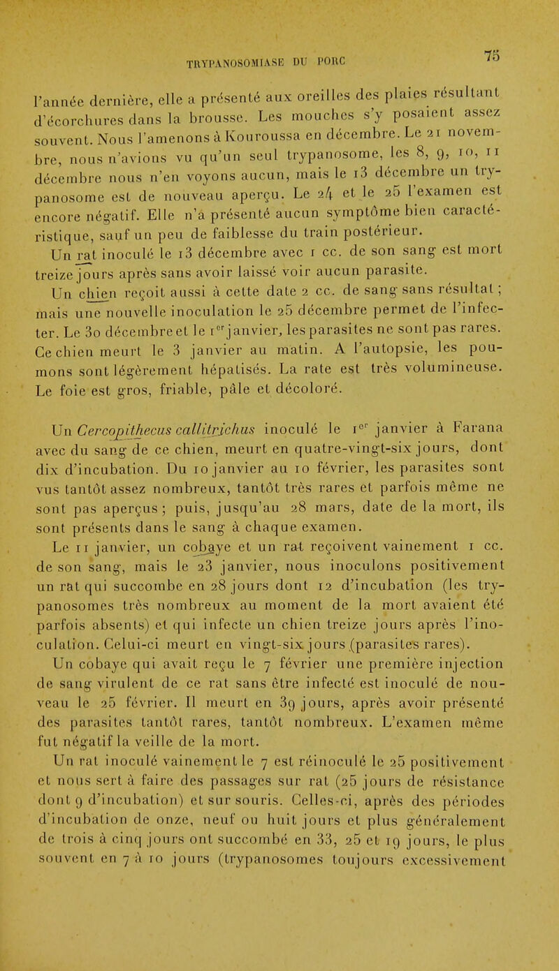 l'année dernière, elle a présenté aux oreilles des plaies résultant d'écorchures dans la brousse. Les mouches s'y posaient assez souvent. Nous l'amenons à kouroussa en décembre. Le 21 novem- bre, nous n'avions vu qu'un seul trypanosome, les 8, 9, 10, n décembre nous n'en voyons aucun, mais le i3 décembre un try- panosome est de nouveau aperçu. Le 24 et le a5 l'examen est encore négatif. Elle n'a présenté aucun symptôme bien caracté- ristique, sauf un peu de faiblesse du train postérieur. Un rat inoculé le i3 décembre avec 1 ce. de son sang est mort treize jours après sans avoir laissé voir aucun parasite. Un chien reçoit aussi à cette date 2 ce. de sang sans résultat ; mais une nouvelle inoculation le 25 décembre permet de l'infec- ter. Le 3o décembre et le icr janvier, les parasites ne sont pas rares. Ce chien meurt le 3 janvier au matin. A l'autopsie, les pou- mons sont légèrement hépatisés. La rate est très volumineuse. Le foie est gros, friable, pâle et décoloré. \Jn Cercopithecus callilrichus inoculé le Ier janvier à Farana avec du sang de ce chien, meurt en quatre-vingt-six jours, dont dix d'incubation. Du 10 janvier au 10 février, les parasites sont vus tantôt assez nombreux, tantôt très rares et parfois même ne sont pas aperçus; puis, jusqu'au 28 mars, date de la mort, ils sont présents dans le sang à chaque examen. Le 11 janvier, un cobaye et un rat reçoivent vainement 1 ce. de son sang, mais le 23 janvier, nous inoculons positivement un rat qui succombe en 28 jours dont 12 d'incubation (les try- panosomes très nombreux au moment de la mort avaient été parfois absents) et qui infecte un chien treize jours après l'ino- culation. Celui-ci meurt en vingt-six jours (parasites rares). Un cobaye qui avait reçu le 7 février une première injection de sang virulent de ce rat sans être infecté est inoculé de nou- veau le 26 février. Il meurt en 3g jours, après avoir présenté des parasites tantôt rares, tantôt nombreux. L'examen même fut négatif la veille de la mort. Un rat inoculé vainement le 7 est réinoculé le 25 positivement et nous sert à faire des passages sur rat (25 jours de résistance dont 9 d'incubation) et sur souris. Celles-ci, après des périodes d'incubation de onze, neuf ou huit jours et plus généralement de trois à cinq jours ont succombé en 33, 25 et 19 jours, le plus souvent en 7.-à ro jours (trypanosomes toujours excessivement