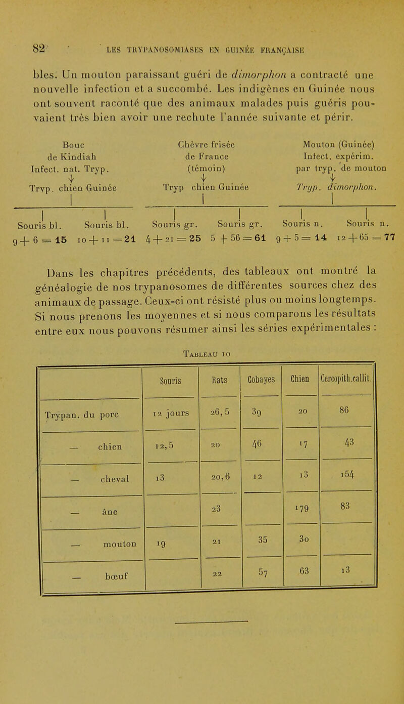 bles. Un mouton paraissant guéri de di/norphon a contracté une nouvelle infection et a succombé. Les indigènes en (luinée nous ont souvent raconté que des animaux malades puis guéris pou- vaient très bien avoir une rechute l'année suivante et périr. Bouc de Kiudiah Infect, nat. Tryp. Tryp. chien Guinée Chèvre frisée de France (témoin) Tryp chien Guinée Mouton (Guinée) Inlect. expérim. par tryp. de mouton Tryp. dirnorplion. I Souris bl. Souris bl. Souris gr. Souris gr. Souris n. 9+6 = 15 io+n=21 4 + 2i = 25 5-(- 56 = 61 g+5=14 Souris n. 12+65 = 77 Dans les chapitres précédents, des tableaux ont montré la généalogie de nos trypanosomes de différentes sources chez des animaux de passage. Ceux-ci ont résisté plus ou moins longtemps. Si nous prenons les moyennes et si nous comparons les résultats entre eux nous pouvons résumer ainsi les séries expérimentales : Tableau io Souris Rats Cobayes Chien Cercopitli.callil. Trypan. du porc 12 jours 26, 5 39 20 86 — chien 12, 5 20 46 «7 43 — cheval i3 20,6 12 i3 154 — âne 23 i79 83 — mouton •9 21 35 3o — bœuf 22 57 63 i3