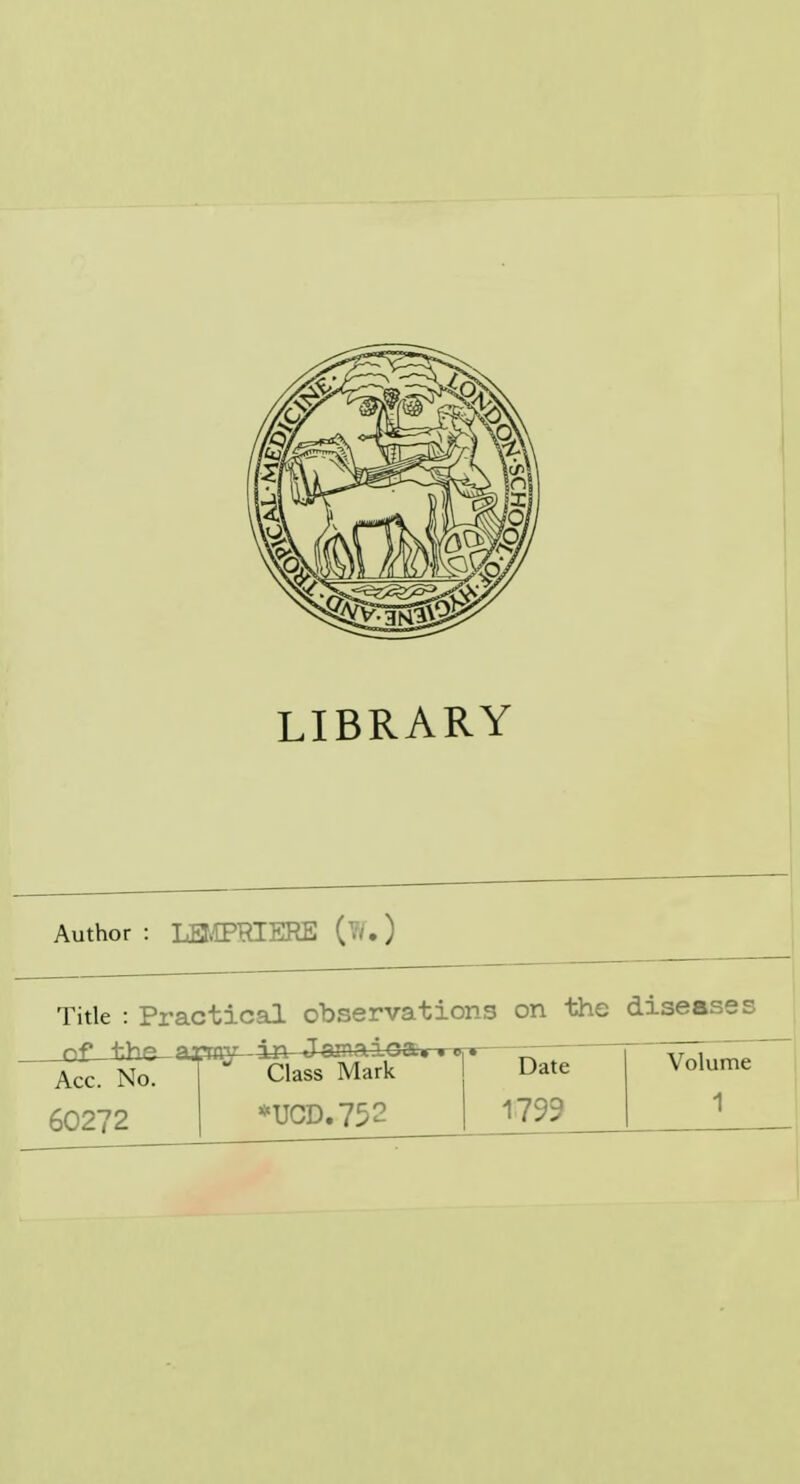 LIBRARY Author: LEMFRIERE (V<.) Title : Practical observations on the diseases of-the- ag«ffL-inJamaica«-» Acc. No. 60272 Class Mark *UCD.752 Date 1799 Volume 1