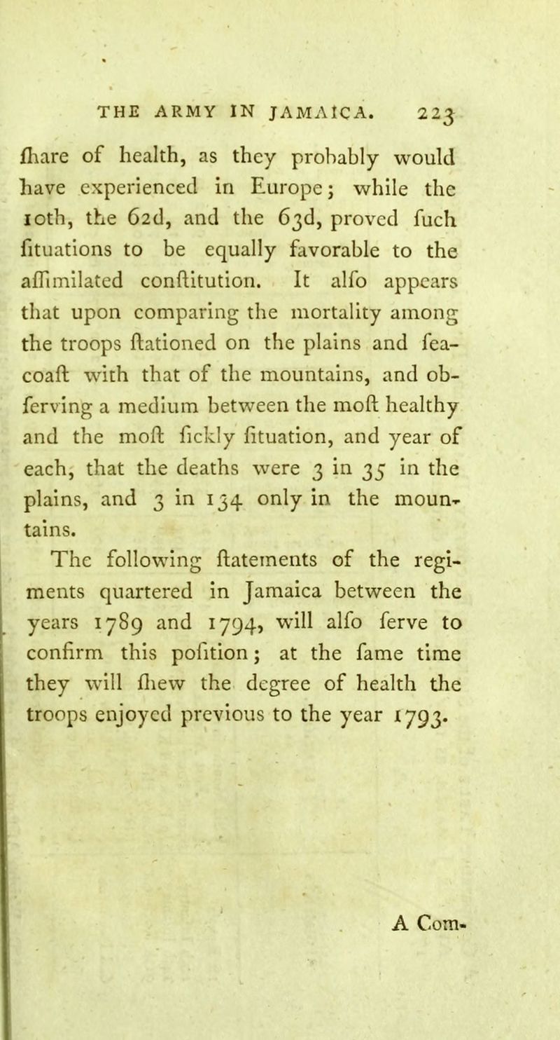 mare of health, as they probably would have experienced in Europe; while the ioth, the 62d, and the 63d, proved fuch fituations to be equally favorable to the aflimilated conflitution. It alfo appears that upon comparing the mortality among the troops {rationed on the plains and fea- coaft with that of the mountains, and ob- fcrving a medium between the mod healthy and the mod fickly fituation, and year of each, that the deaths were 3 in 35 in the plains, and 3 in 134 only in the moun~ tains. The following ftatements of the regi- ments quartered in Jamaica between the years 1789 and 1794, will alfo ferve to confirm this polition; at the fame time they will mew the degree of health the troops enjoyed previous to the year 1793. A Com-