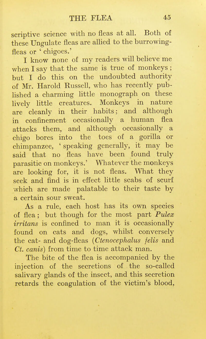 scriptive science with no fleas at all. Both of these Ungulate fleas are allied to the burrowing- fleas or ' chigoes.' I know none of my readers will believe me when I say that the same is true of monkeys ; but I do this on the undoubted authority of Mr. Harold Russell, who has recently pub- hshed a charming little monograph on these lively little creatures. Monkeys in nature are cleanly in their habits; and although in confinement occasionally a human flea attacks them, and although occasionally a chigo bores into the toes of a gorilla or chimpanzee, ' speaking generally, it may be said that no fleas have been found truly parasitic on monkeys.' Whatever the monkeys are looking for, it is not fleas. What they seek and find is in effect little scabs of scurf which are made palatable to their taste by a certain sour sweat. As a rule, each host has its own species of flea; but though for the most part Pulex irritans is confined to man it is occasionally found on cats and dogs, whilst conversely the cat- and dog-fleas {Ctenocephalus felis and Ct. canis) from time to time attack man. The bite of the flea is accompanied by the injection of the secretions of the so-called salivary glands of the insect, and this secretion retards the coagulation of the victim's blood,