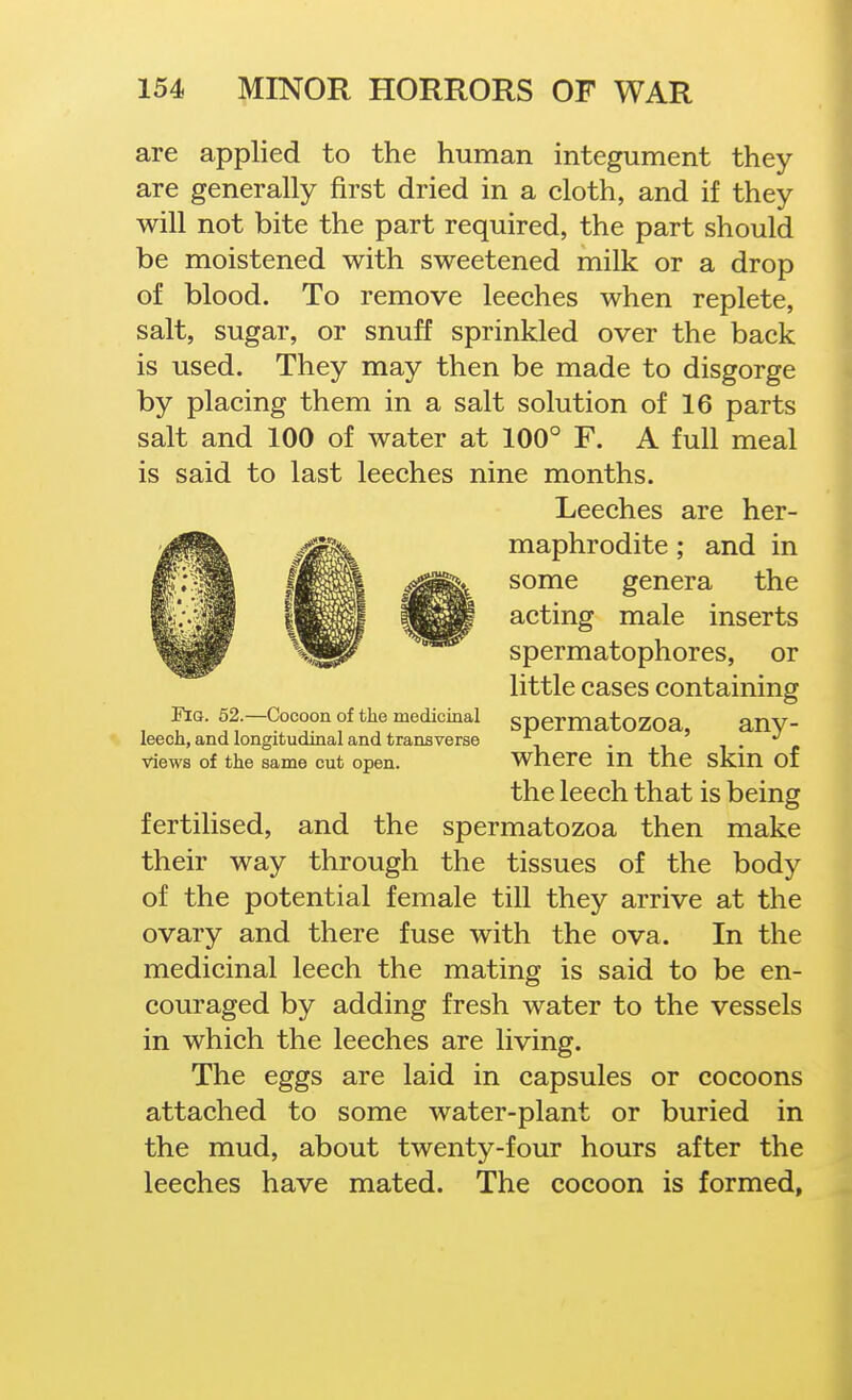 are applied to the human integument they are generally first dried in a cloth, and if they will not bite the part required, the part should be moistened with sweetened milk or a drop of blood. To remove leeches when replete, salt, sugar, or snuff sprinkled over the back is used. They may then be made to disgorge by placing them in a salt solution of 16 parts salt and 100 of water at 100° F. A full meal is said to last leeches nine months. Leeches are her- maphrodite ; and in some genera the acting male inserts spermatophores, or little cases containing Fig. 52.—Cocoon of the medicinal SDCrmatoZOa, aUV leech, and longitudinal and transverse ^ . i i ■ i> views of the same cut open. whcrC in the sklU of the leech that is being fertilised, and the spermatozoa then make their way through the tissues of the body of the potential female till they arrive at the ovary and there fuse with the ova. In the medicinal leech the mating is said to be en- couraged by adding fresh water to the vessels in which the leeches are living. The eggs are laid in capsules or cocoons attached to some water-plant or buried in the mud, about twenty-four hours after the leeches have mated. The cocoon is formed,