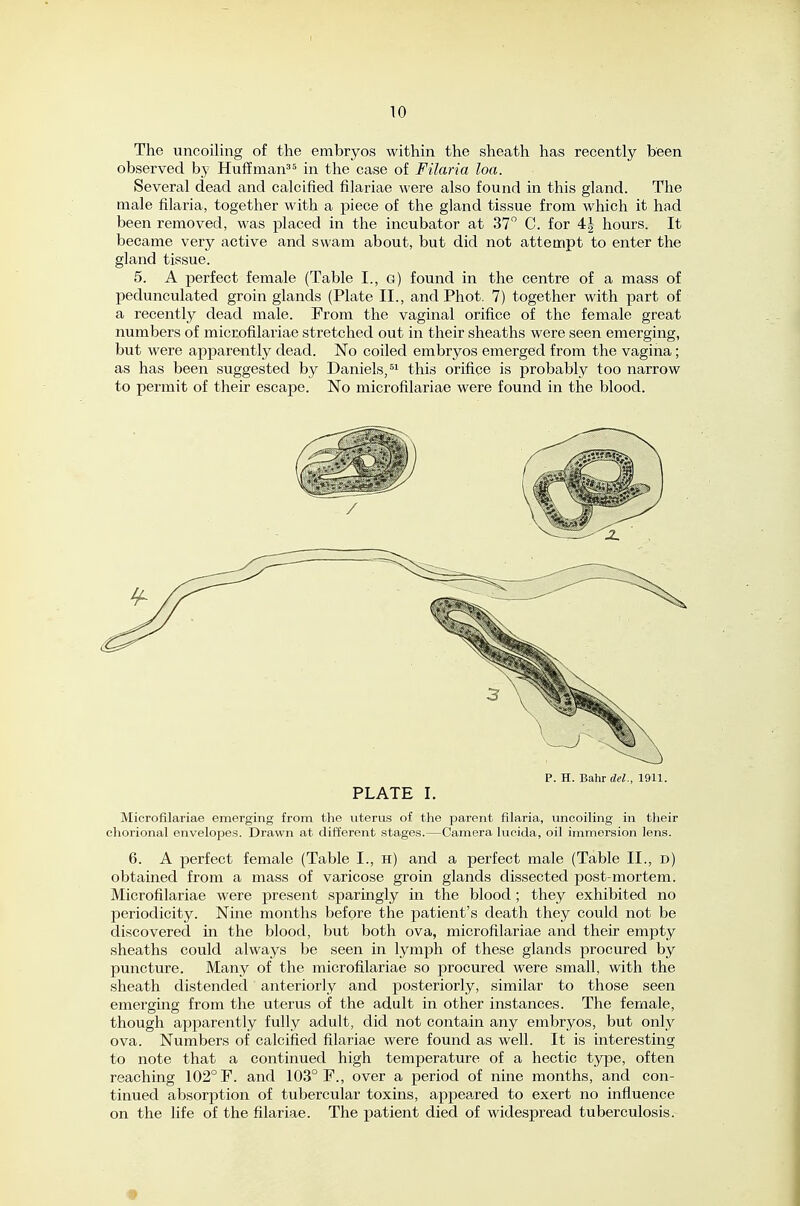 10 The uncoiling of the embryos within the sheath has recently been observed by Huffman^ ^ in the case of Filaria loa. Several dead and calcified filariae were also found in this gland. The male filaria, together with a piece of the gland tissue from which it had been removed, was placed in the incubator at 37 C. for 4| hours. It became very active and swam about, but did not attempt to enter the gland tissue. 5. A perfect female (Table I., g) found in the centre of a mass of pedunculated groin glands (Plate II., and Phot. 7) together with part of a recently dead male. From the vaginal orifice of the female great numbers of microfilariae stretched out in their sheaths were seen emerging, but were apparently dead. No coiled embryos emerged from the vagina; as has been suggested by Daniels, this orifice is probably too narrow to permit of their escape. No microfilariae were found in the blood. Microfilariae emerging from the uterus of the parent filaria, uncoiling in their chorional envelopes. Drawn at different stages.—Camera lucida, oil immersion lens. 6. A perfect female (Table I., h) and a perfect male (Table II., d) obtained from a mass of varicose groin glands dissected post-mortem. Microfilariae were present sparingly in the blood; they exhibited no periodicity. Nine months before the patient's death they could not be discovered in the blood, but both ova, microfilariae and their empty sheaths could always be seen in lymph of these glands procured by puncture. Many of the microfilariae so procured were small, with the sheath distended anteriorly and posteriorly, similar to those seen emerging from the uterus of the adult in other instances. The female, though apparently fully adult, did not contain any embryos, but only ova. Numbers of calcified filariae were found as well. It is interesting to note that a continued high temperature of a hectic tyjie, often reaching 102° F. and 103° F., over a period of nine months, and con- tinued absorption of tubercular toxins, appealed to exert no influence on the life of the filariae. The patient died of widespread tuberculosis. p. H. Bahr del., 1911. PLATE I. •