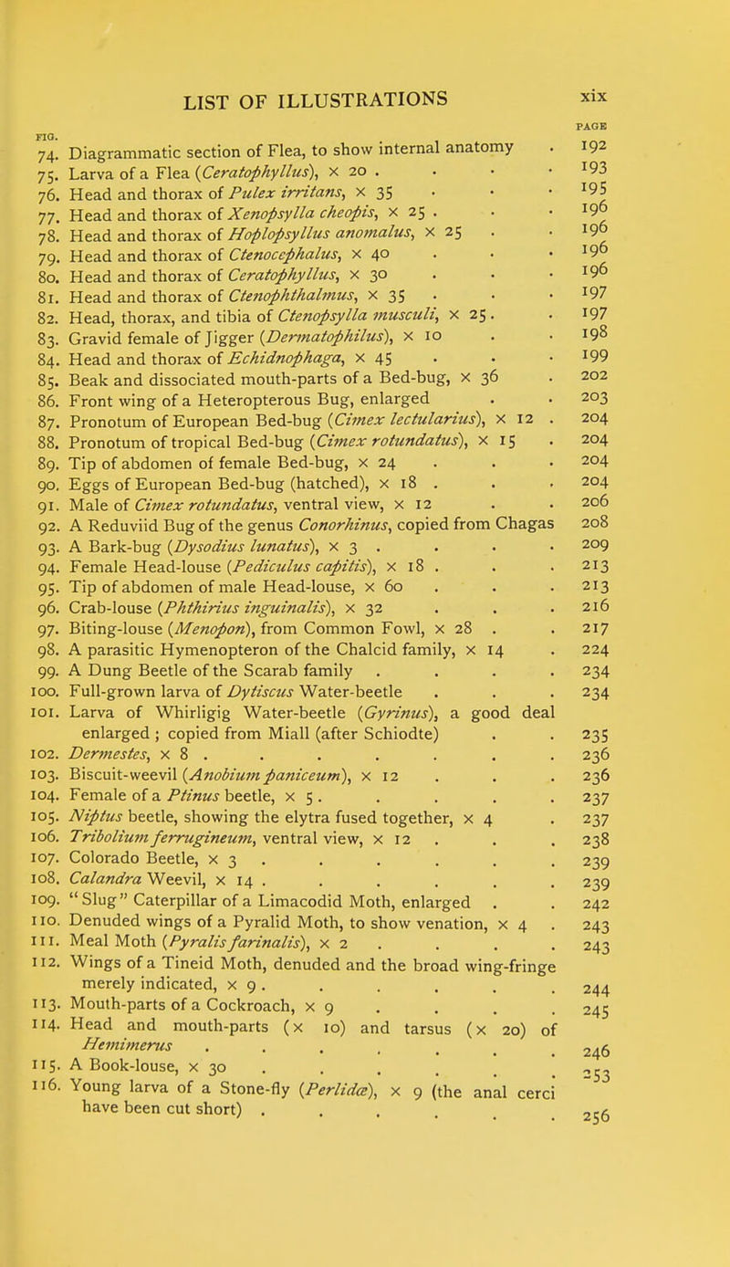 PAGE FIO. 74. Diagrammatic section of Flea, to show internal anatomy . 192 75. Larva of a Flea {Ceratophyllus), x 20 . . • J93 76. Head and thorax of Pulex irritans, x 35 . • l9S 77. Head and thorax of Xenopsylla cheopis, x 25 . . ' , 78. Head and thorax of Hoplopsyllus anomalus, x 25 . 19° 79. Head and thorax of Ctenocephalus, x 40 . . J90 80. Head and thorax of Ceratophyllus, x 30 . . .196 81. Head and thorax of Ctenophthalmus, x 35 . .197 82. Head, thorax, and tibia of Ctenopsylla musculi, x 25 . . 197 83. Gravid female of Jigger (Dermatophilus), x 10 . • 198 84. Head and thorax of Echidnophaga, x 45 . . *99 85. Beak and dissociated mouth-parts of a Bed-bug, X 36 . 202 86. Front wing of a Heteropterous Bug, enlarged . . 203 87. Pronotum of European Bed-bug {Cimex lectularius), x 12 . 204 88. Pronotum of tropical Bed-bug {Cimex rotundatus), x 15 . 204 89. Tip of abdomen of female Bed-bug, x 24 . . 204 90. Eggs of European Bed-bug (hatched), x 18 . . . 204 91. Male of Cimex rotundatus, ventral view, x 12 . . 206 92. A Reduviid Bug of the genus Conorhinus, copied from Chagas 208 93. A Bark-bug (Dysodius lunatus), x 3 . . . • 209 94. Female Head-louse (Pediculus capitis), x 18 . . . 213 95. Tip of abdomen of male Head-louse, x 60 . . 213 96. Crab-louse {Phthirius inguinalis), x 32 . . .216 97. Biting-louse (Menopon), from Common Fowl, x 28 . . 217 98. A parasitic Hymenopteron of the Chalcid family, x 14 . 224 99. A Dung Beetle of the Scarab family .... 234 100. Full-grown larva of Dytiscus Water-beetle . . . 234 101. Larva of Whirligig Water-beetle (Gyrimes), a good deal enlarged ; copied from Miall (after Schiodte) . . 235 102. Dermestes, x 8 . . . . . . . 236 103. Biscuit-weevil (Anobiumpaniceum), x 12 . . . 236 104. Female of a Ptinus beetle, x 5 . . . . . 237 105. Niptus beetle, showing the elytra fused together, x 4 . 237 106. Tribolium ferrugineum, ventral view, x 12 . . 238 107. Colorado Beetle, x 3 . . . . . 239 108. Calandra Weevil, x 14 . . . . , . 239 109. Slug Caterpillar of a Limacodid Moth, enlarged . . 242 110. Denuded wings of a Pyralid Moth, to show venation, x 4 . 243 in. Meal Moth {Pyralis farinalis), x 2 . . . 243 112. Wings of a Tineid Moth, denuded and the broad wing-fringe merely indicated, x 9. . . . . . 244 113. Mouth-parts of a Cockroach, x 9 . . .245 114. Head and mouth-parts (x 10) and tarsus (x 20) of Pfemitnerus ....... 246 115. A Book-louse, x 30 . . , _ < 116. Young larva of a Stone-fly (Perlidcs), x 9 (the anal cerci have been cut short) ...... 256