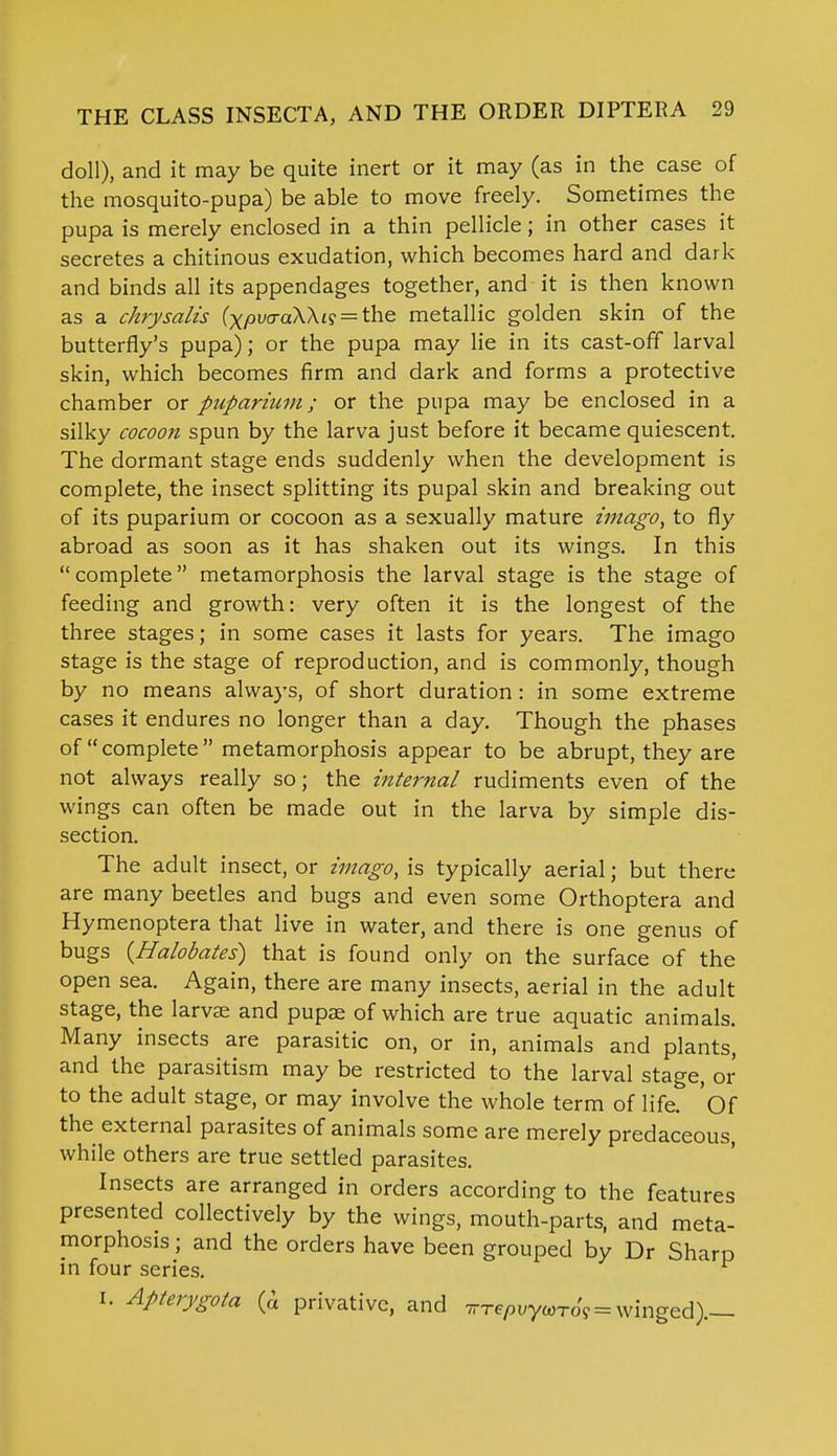 doll), and it may be quite inert or it may (as in the case of the mosquito-pupa) be able to move freely. Sometimes the pupa is merely enclosed in a thin pellicle; in other cases it secretes a chitinous exudation, which becomes hard and dark and binds all its appendages together, and it is then known as a chrysalis (xpvcraX\Ls = the metallic golden skin of the butterfly's pupa); or the pupa may lie in its cast-off larval skin, which becomes firm and dark and forms a protective chamber or pup avium ; or the pupa may be enclosed in a silky cocoon spun by the larva just before it became quiescent. The dormant stage ends suddenly when the development is complete, the insect splitting its pupal skin and breaking out of its puparium or cocoon as a sexually mature imago, to fly abroad as soon as it has shaken out its wings. In this complete metamorphosis the larval stage is the stage of feeding and growth: very often it is the longest of the three stages; in some cases it lasts for years. The imago stage is the stage of reproduction, and is commonly, though by no means always, of short duration: in some extreme cases it endures no longer than a day. Though the phases of complete metamorphosis appear to be abrupt, they are not always really so; the internal rudiments even of the wings can often be made out in the larva by simple dis- section. The adult insect, or imago, is typically aerial; but there are many beetles and bugs and even some Orthoptera and Hymenoptera that live in water, and there is one genus of bugs {Halobates) that is found only on the surface of the open sea. Again, there are many insects, aerial in the adult stage, the larvae and pupae of which are true aquatic animals. Many insects are parasitic on, or in, animals and plants, and the parasitism may be restricted to the larval stage, or to the adult stage, or may involve the whole term of life. Of the external parasites of animals some are merely predaceous, while others are true settled parasites. Insects are arranged in orders according to the features presented collectively by the wings, mouth-parts, and meta- morphosis ; and the orders have been grouped by Dr Sharp in four series. I. Apterygota (& privative, and irrepvym-os = winged).—