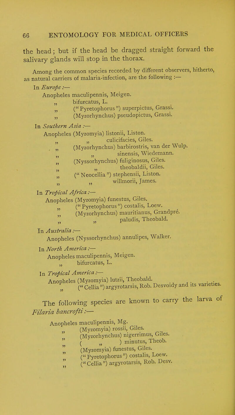 the head; but if the head be dragged straight forward the salivary glands will stop in the thorax. Among the common species recorded by different observers, hitherto, as natural carriers of malaria-infection, are the following :— In Europe:— Anopheles maculipennis, Meigen. bifurcatus, L. ( Pyretophorus ) superpictus, Grassi. (Myzorhynchus) pseudopictus, Grassi. In Southern Asia :— Anopheles (Myzomyia) listonii, Liston. „ culicifacies, Giles. (Myzorhynchus) barbirostris, van der Wulp. „ sinensis, Wiedemann. (Nyssorhynchus) fuliginosus, Giles. „ theobaldii, Giles. ( Neocellia ) stephensii, Liston. willmorii, Tames. In Tropical Africa:— Anopheles (Myzomyia) funestus, Giles. ( Pyretophorus ) costalis, Loew. (Myzorhynchus) mauritianus, Grandpre. n paludis, Theobald. In Australia:— Anopheles (Nyssorhynchus) annulipes, Walker. In North America:— Anopheles maculipennis, Meigen. „ bifurcatus, L. 99 99 99 99 99 99 99 99 99 In Tropical America:— Anopheles (Myzomyia) lutzii, Theobald. ( Cellia ) argyrotarsis, Rob. Desvoidy and its varieties. The following species are known to carry the larva of Filaria bancrofti:— Anopheles maculipennis, Mg. (Myzomyia) rossii, Giles. (Myzorhynchus) nigerrimus, Giles.  / n ) minutus, Theob. (Myzomyia) funestus, Giles. (Pyretophorus) costalis, Loew.  ( Cellia ) argyrotarsis, Rob. Desv.