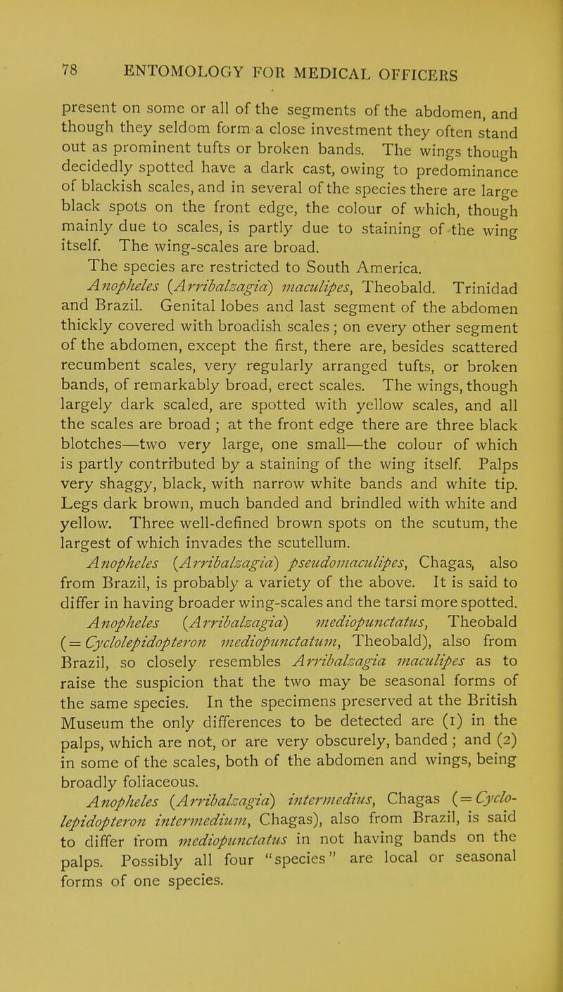 present on some or all of the segments of the abdomen, and though they seldom form a close investment they often stand out as prominent tufts or broken bands. The wings though decidedly spotted have a dark cast, owing to predominance of blackish scales, and in several of the species there are large black spots on the front edge, the colour of which, though mainly due to scales, is partly due to staining of the wing itself. The wing-scales are broad. The species are restricted to South America. Anopheles {Arribalzagid) maculipes, Theobald. Trinidad and Brazil. Genital lobes and last segment of the abdomen thickly covered with broadish scales ; on every other segment of the abdomen, except the first, there are, besides scattered recumbent scales, very regularly arranged tufts, or broken bands, of remarkably broad, erect scales. The wings, though largely dark scaled, are spotted with yellow scales, and all the scales are broad ; at the front edge there are three black blotches—two very large, one small—the colour of which is partly contributed by a staining of the wing itself. Palps very shaggy, black, with narrow white bands and white tip. Legs dark brown, much banded and brindled with white and yellow. Three well-defined brown spots on the scutum, the largest of which invades the scutellum. A?iopheles {Arribalzagid) pseudomaculipes, Chagas, also from Brazil, is probably a variety of the above. It is said to differ in having broader wing-scales and the tarsi more spotted. Anopheles {Arribalzagid) mediopunctatus, Theobald (= Cyclolepidopteron mediopunctatum, Theobald), also from Brazil, so closely resembles Arribalzagia maculipes as to raise the suspicion that the two may be seasonal forms of the same species. In the specimens preserved at the British Museum the only differences to be detected are (i) in the palps, which are not, or are very obscurely, banded ; and (2) in some of the scales, both of the abdomen and wings, being broadly foliaceous. Anopheles {Arribalzagid) intermedins, Chagas (= Cyclo- lepidopteron intermedium, Chagas), also from Brazil, is said to differ from mediopunctatus in not having bands on the palps. Possibly all four species are local or seasonal forms of one species.