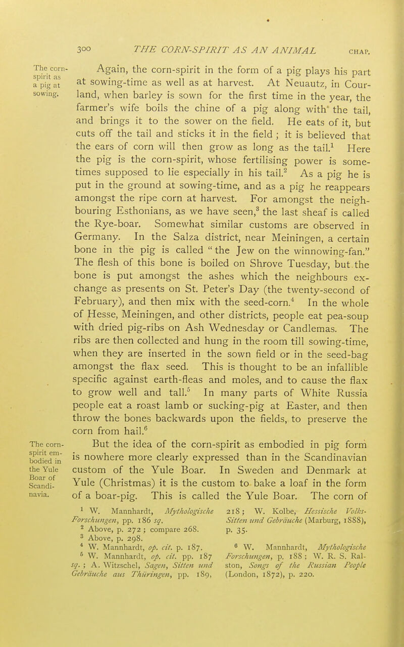 The corn- spirit as a pig at sowing. The corn- spirit em- bodied in the Yule Boar of Scandi- navia. Again, the corn-spirit in the form of a pig plays his part at sowing-time as well as at harvest. At Neuautz, in Cour- land, when barley is sown for the first time in the year, the farmer's wife boils the chine of a pig along with* the tail, and brings it to the sower on the field. He eats of it, but cuts off the tail and sticks it in the field ; it is believed that the ears of corn will then grow as long as the tail.1 Here the pig is the corn-spirit, whose fertilising power is some- times supposed to lie especially in his tail.2 As a pig he is put in the ground at sowing-time, and as a pig he reappears amongst the ripe corn at harvest. For amongst the neigh- bouring Esthonians, as we have seen,3 the last sheaf is called the Rye-boar. Somewhat similar customs are observed in Germany. In the Salza district, near Meiningen, a certain bone in the pig is called  the Jew on the winnowing-fan. The flesh of this bone is boiled on Shrove Tuesday, but. the bone is put amongst the ashes which the neighbours ex- change as presents on St. Peter's Day (the twenty-second of February), and then mix with the seed-corn.4 In the whole of Hesse, Meiningen, and other districts, people eat pea-soup with dried pig-ribs on Ash Wednesday or Candlemas. The ribs are then collected and hung in the room till sowing-time, when they are inserted in the sown field or in the seed-bag amongst the flax seed. This is thought to be an infallible specific against earth-fleas and moles, and to cause the flax to grow well and tall.5 In many parts of White Russia people eat a roast lamb or sucking-pig at Easter, and then throw the bones backwards upon the fields, to preserve the corn from hail.6 But the idea of the corn-spirit as embodied in pig form is nowhere more clearly expressed than in the Scandinavian custom of the Yule Boar. In Sweden and Denmark at Yule (Christmas) it is the custom to bake a loaf in the form of a boar-pig. This is called the Yule Boar. The corn of 1 W. Mannhardt, Mythologische Forschungen, pp. 186 sq. 2 Above, p. 272 ; compare 268. 3 Above, p. 298. 4 W. Mannhardt, op. cil. p. 187. 5 W. Mannhardt, op. cit. pp. 187 sq. ; A. Witzschcl, Sagcn, Sitlen und Gcbrauche aus Thiiringen, pp. 189, 218; W. Kolbe, Hcssische Volks- Sitten und Gcbrauche (Marburg, 18S8), P- 35- 0 W. Mannhardt, Mythologische Forschungen, p. 188; W. R. S. Ral- ston, Songs of the Russian People (London, 1S72), p. 220.