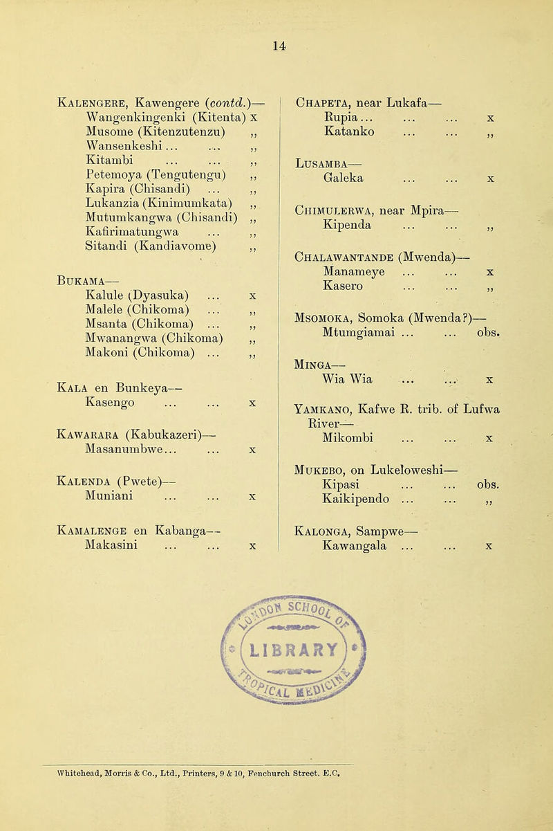 Kalenda (Pwete)- Muniani Kamalenge en Kabanga- Makasini Kalengere, Kawengere (contd.)— Wangenkingenki (Kitenta) x Musome (Kitenzutenzu) Wansenkeshi... Kitambi ... ... Petemoya (Tengutengu) Kapira (Ghisandi) Lukanzia (Kinimumkata) Mutumkangwa (Ghisandi) Kafirimatungwa Sitandi (Kandiavome) Bukama— Kalule (Dyasuka) Malele (Chikoma) Msanta (Chikoma) ... Mwanangwa (Chikoma) Makoni (Chikoma) ... Kala en Bunkeya— Kasengo Kawarara (Kabukazeri)- Masanumbwe... I Chapeta, near Lukafa— I Eupia... ... ... X Katanko ... ... „ LUSAMBA— Galeka ... ... x CiiiMULERWA, near Mpira— Kipenda ... ... „ Chalawantande (Mwenda)— Manameye ... ... x Kasero ... ... „ MsoMOKA, Somoka (Mwenda?)— Mtumgiamai ... ... obs. MiNGA— Wia Wia ... ... x Yamkano, Kafwe R. trib. of Lufwa River— Mikombi ... ... x MuKEBO, on Lukeloweshi— Kipasi ... ... obs. Kaikipendo ... ... Kalonga, Sampwe— Kawangala ... ... x Whitehead, Morris & Co., Ltd., Printers, 9 & 10, Fenchurch Street. E.G.