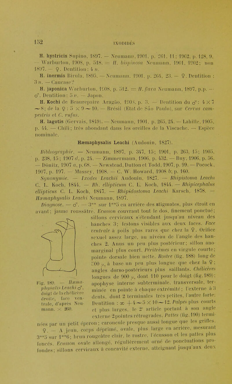 lo2 l'.ldl. H'(I2; MOI) 9. Deiilitioli H. hyslricis Siipiiio, IN'.I. — Xciiiiiaiiii. Hini. p. iCil. Il; l'.)02. p. \iH. '.I. — Wailnirtoii, l'.IOS, |). iilS. = //. hispi.Xcimiiiiin, IN'.IT. - 9. DciUilioii: '1 ;/. H. inermis liiriila. iNUli. — .Nciiiiiaiiii. l'.IOl. p. l'A. 'A II. — C-aiicast'? H. japonica NN'arhiirloii. l'.:()S, p. — ll.flura iXeiiinaiiii, IH'.ll, p.p. -• cT. Dculitioii: .')//. — Japon. H. Kochi (lo Jk'aiiropairo .Arai^ào, p. :î. — Dciililion ducT: 4X7 — «S; (le la 9 : •> 0~ 10. — Brésil (Klaldo Sâo Paiilo), sur Ceriiis cam- peslris ci C. ?-i(/».s. H. lagotis (Gervais, 1849). — Nciimaiiii, IDOl. p. '24. — Laliille. i90:i. p. 44. — Chili; très abondant dans los oicillcs de la Viscaclie. —• i'-spèce nominale. Haemaphysalis Leachi (.\udouin. 1827). 1901, p. m, lii; lyo:;, 432. — Ruy, U)0«, p. .ïC). Pocock. Bibliographie. — Nenniann, 1897. p. 347, lo; p. 238, lo; 1907 f/. p. 24. — Zimnierniann, 190(i, p. — Donilz, 1907 n, p.()8. — Newstcad, DuKon et Todd. 1907, p. 99. 1907, p. 197. — Massey, 1908. — C. W. Howard, 1908 /r, p. 160. Synonymie. — Ixodes Leachii Audouin, 1827. — Wiipistoma Leachi C. L. Koeh, 1844. — lih. ellipticinn C. L. Kocli, 1844. — Wùpicephalns ellipHcns C. L. Koch, 1847. — Rhipidostoma Leachi Karseh,. 1878. — Hœinaphysalis Leachi Neuinann, 1897. Diagnose. — — 3 sur l;^) en arrière des stigmates, plus étroit en avant; jaune roussàtrc. Eciisson couvrant tout le dos. finement ponctué; sillons cervicaux s'étendant jus(iu'au niveau des hanches 3; festons visibles aux deux faces. Face ventrale à poils plus rares (jue chez la 9. Orifice sexuel assez lari;e, au niveau de l'angle des han- ches 2. Anus un peu plus postérieur; sillon ano- marfïinal plus court. Péritrèmes en virjjule courte; pointe dorsale bien nelte. Rostre (lig. 188) long de ;00 7,, à base un peu plus longue que chez la 9 ; angies dorso-postérieurs plus saillants. Chélicères longues de 900 a, dont 110 pour le doigt (11g. 189): apophyse interne subterminale, transversale, ter- minée en pointe à cliaipu exlrénùlé ; Texterne à 3 dents, doid 2 terminales Irès petites, l'autre forte. Dentition : zc -f 4 — 1) X 10—12. Palpes plus courts et plus larges, le 2'' arlicle jiorlant à sou angle exierue 2pointes rétrogrades. Pâlies (rig.190) termi nées par un petit éjieron : caroncule presque aussi longue que les grilTe.^. 9. - A jeun, corps déprimé, ovale, plus large eu arriére, mesurani S™';! sur V%; brun rougeàtre clair, le rostre, l'écussou et les pattes plus foiicé<= Ecusmn ovale allongé, régulièrement orné de ponctuations pro- fondes- sillons cervicaux à concavité externe, atteignant jus(|uaux deux Kig. I81>. — IheiHU- phiisali^' Leachi cf, doigt (le In chélicri e (Iroile, fiicc ven- trale, d'après Neu- mann. X 260.