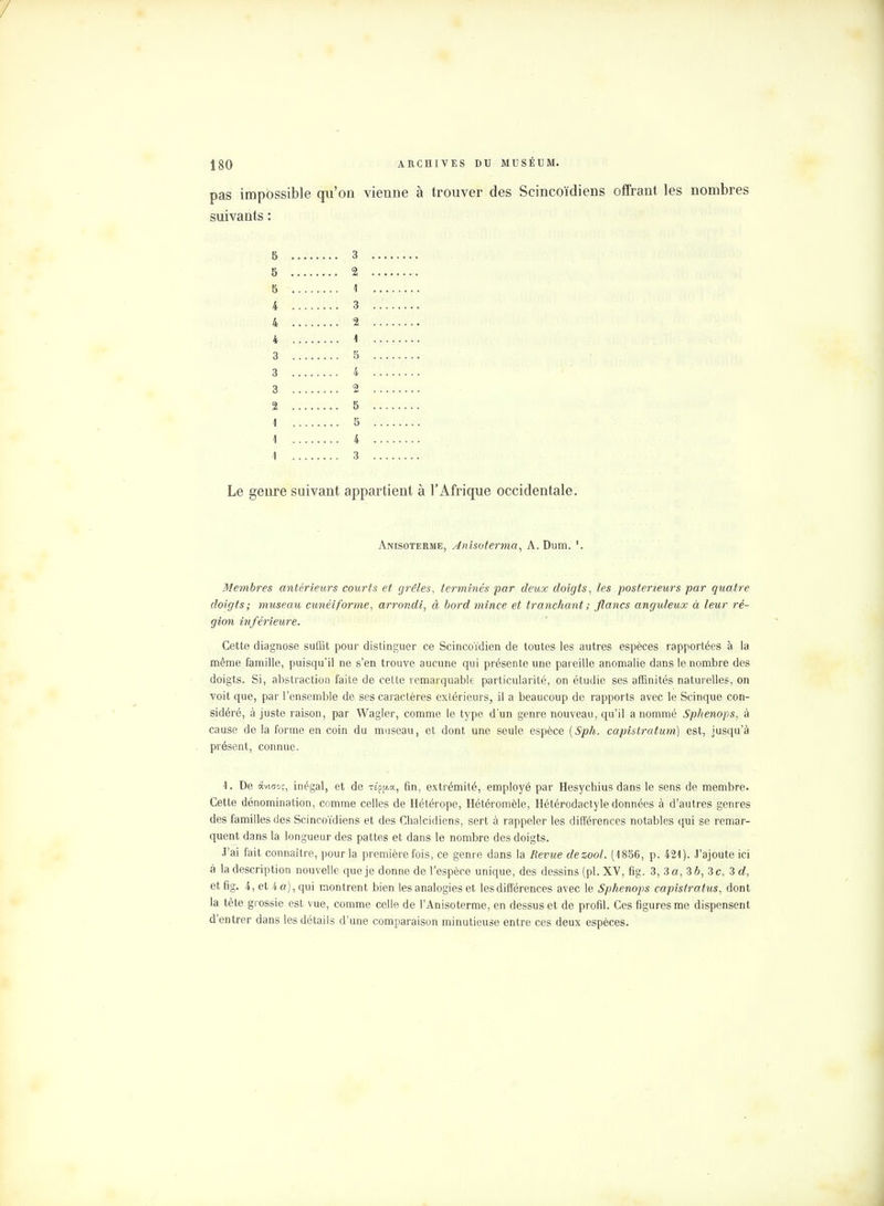 pas impossible qu'on vienne à trouver des Scincoïdiens offrant les nombres suivants : 5 ........ 3 5 2 S 1 4 3 4 2 4 1 3 5 3 4 3 2 2 5 1 5 1 4 1 3 Le genre suivant appartient à l'Afrique occidentale. Anisoterme, Anisoterma, A.Dum. '. Membres antérieurs courts et grêles, terminés par deux doigts, les postérieurs par quatre doigts; museau cunéiforme, arrondi, à bord mince et tranchant ; flancs anguleux à leur ré- gion inférieure. Cette diagnose suffit pour distinguer ce Scincoïdien de toutes les autres espèces rapportées à la même famille, puisqu'il ne s'en trouve aucune qui présente une pareille anomalie dans le nombre des doigts. Si, abstraction faite de celte remarquable particularité, on étudie ses affinités naturelles, on voit que, par l'ensemble de ses caractères extérieurs, il a beaucoup de rapports avec le Scinque con- sidéré, à juste raison, par Wagler, comme le type d'un genre nouveau, qu'il a nommé Sphenops, à cause de la forme en coin du museau, et dont une seule espèce (Sph. capistratum) est, jusqu'à présent, connue. 1. De aviso;, inégal, et de repose, fin, extrémité, employé par Hesychius dans le sens de membre. Cette dénomination, comme celles de Hétérope, Hétéromèle, Hétérodactyle données à d'autres genres des familles des Scincoïdiens et des Chalcidiens, sert à rappeler les différences notables qui se remar- quent dans la longueur des pattes et dans le nombre des doigts. J'ai fait connaître, pour la première fois, ce genre dans la Revue dezool. (1856, p. 421). J'ajoute ici à la description nouvelle que je donne de l'espèce unique, des dessins (pl. XV, fig. 3, 3 a, 3 b, 3 c, 3 d, etfig. 4, et 4a), qui montrent bien les analogies et les différences avec le Sphenops capistratus, dont la tête grossie est vue, comme celle de l'Anisoterme, en dessus et de profil. Ces figures me dispensent d'entrer dans les détails d'une comparaison minutieuse entre ces deux espèces.