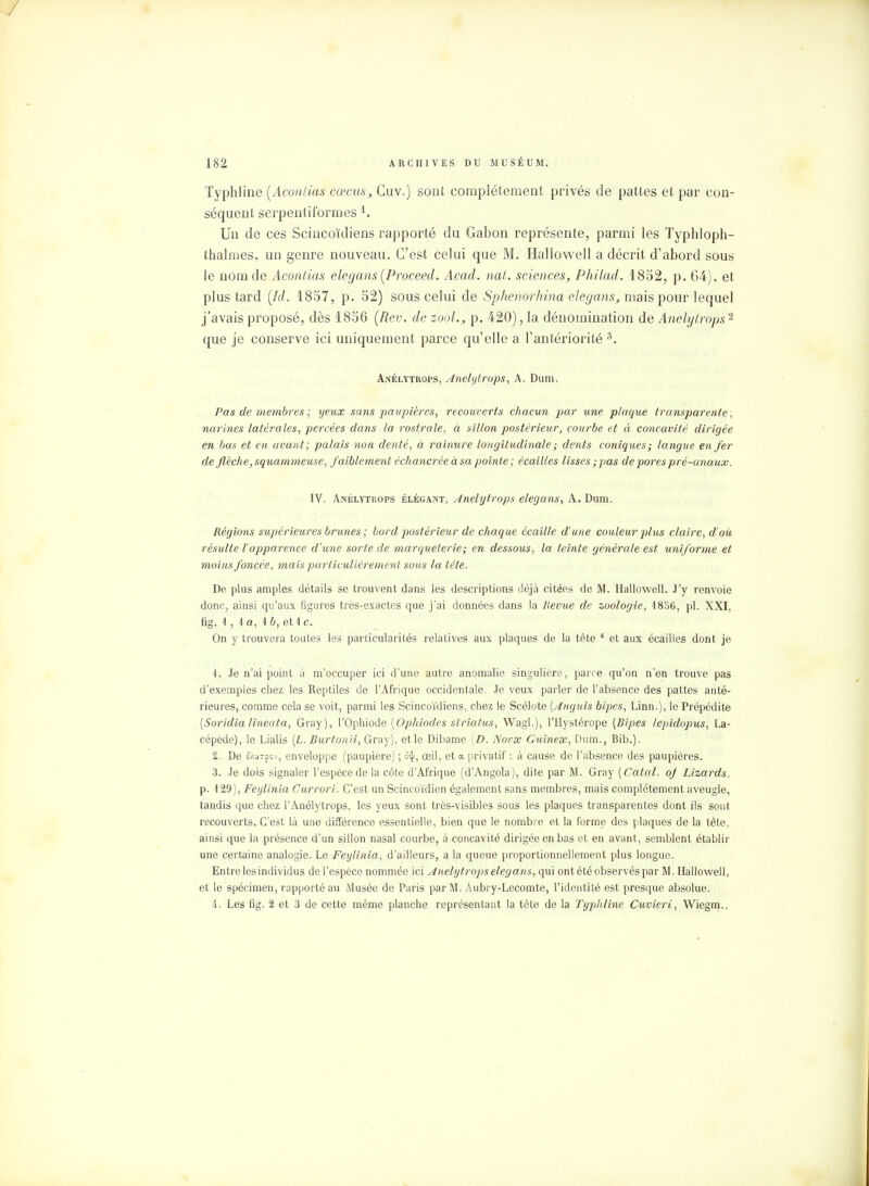 Typhline (Acontias cœcus, Cuv.) sont complètement privés de pattes et par con- séquent serpentiformes i. Un de ces Scincoïdiens rapporté du Gabon représente, parmi les Typhloph- thalmes, un genre nouveau. C'est celui que M. Hallowell a décrit d'abord sous le nom de Acontias elegans (Proceed. Acad. nat. sciences, Philad. 1852, p. 64), et plus tard (ld. 1857, p. 52) sous celui de Sphenorhina elegans, mais pour lequel j'avais proposé, dès 1856 (Rev. de zool., p. 420), la dénomination de Anélytrops2 que je conserve ici uniquement parce qu'elle a l'antériorité 3. Anélytrops, Anélytrops, A. Dum. Pas de membres ; yeux sans paupières, recouverts chacun par une plaque transparente , narines latérales, percées dans la rostrale, à sillon postérieur, courbe et à concavité dirigée en bas et en avant; palais non denté, à rainure longitudinale ; dents coniques; langue en fer de flèche,squanwieuse, faiblement échancrée àsa pointe ; écailles lisses ;pas de pores pré-anaux. IV. Anélytrops élégant, Anélytrops elegans, A. Dum. Régions supérieures brunes ; bord postérieur de chaque écaille d'une couleur plus claire, d'où résulte lapparence d'une sorte de marqueterie; en dessous, la teinte générale est uniforme et moins foncée, mais particulièrement sous la tête. De plus amples détails se trouvent dans les descriptions déjà citées de M. Hallowell. J'y renvoie donc, ainsi qu'aux figures très-exactes que j'ai données dans la Revue de zoologie, 1856, pl. XXI, fig. 1 , \ a, 1 b, et 1 c. On y trouvera toutes les particularités relatives aux plaques de la tête 4 et aux écailles dont je 1. Je n'ai point à m'occuper ici d'une autre anomalie singulière, parce qu'on n'en trouve pas d'exemples chez les Reptiles de l'Afrique occidentale. Je veux parler de l'absence des pattes anté- rieures, comme cela se voit, parmi les Scincoïdiens, chez le Scélote (Anguis bipes, Linn.), le Prépédite (Soridia lineata, Gray), l'Ophiode (Ophiodes siriatus, Wagl.), l'Hystérope (Bipes lepidopus, La- cépède), le Lialis (L. Burtonii, Gray), et le Dibame {D. Novae Guinex, Dum., Bib.). 2. De â'Àurpov, enveloppe (paupière) ; o<|<, œil, et a privatif : à cause de l'absence des paupières. 3. Je dois signaler l'espèce de la côte d'Afrique (d'Angola), dite par M. Gray [Cotai, of Lizards, p. 129), Feylinia Currori. C'est un Scincoïdien également sans membres, mais complètement aveugle, tandis que chez l'Anélytrops, les yeux sont très-visibles sous les plaques transparentes dont ils sont recouverts. C'est là une différence essentielle, bien que le nombre et la forme des plaques de la tête, ainsi que la présence d'un sillon nasal courbe, à concavité dirigée en bas et en avant, semblent établir une certaine analogie. Le Feylinia, d'ailleurs, a la queue proportionnellement plus longue. Entre les individus de l'espèce nommée ici Anélytrops elegans, qui ont été observés par M. Hallowell, et le spécimen, rapporté au Musée de Paris par M. Aubry-Lecomte, l'identité est presque absolue. 4. Les fig. 2 et 3 de cette même planche représentant la tête de la Typhline Cuvieri, Wiegm.,