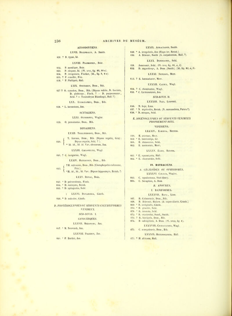 AINS0D0NT1ENS. LXVII. Bucephalus, A. Smith. 131. ? B. typus, 1U. LXVIII. Psammophis, Boie. 132. P. moniliger, Boic. 133. P. elegans, lu. ( Pl. xvn, fig. 10,10 a). 134. P. irregularis, Fischer, (ld., fig. 9, 9 a). 135. ? P. crucifer, Filz. 136. * P. Phillipsii, Hall. LX1X. Opetiodon, Dura., Bib. 137 ? 0. cynodon, Dum., Bib. (Dipsas valida, D. fasciata, D. globiceps, Fisch. ? — D. purpurasçens , Sclil. ? - Toxicodryas Blandingii, Hall.?) LXX. Lycognathos, Dum., Bib. 138. * L. ineonsians, Jan. SCYTALIENS. LXX1. OxyaHOPDS, Wagler. 139. 0. praornalus, Dum.. Bib. DIPSAD1ENS. LXX1I. Triglïphodon, Dum., Bib. !T. fuscum, Dum., Bib. (Dipsas regalis, Gray ; Dipsas regalis, Sclil. ? ). * ld. id., ld. id. Var. obscurum, Jan. LXX1II. Coelopeltis, Wagl. 141. ? C. insignilus, Wagl. LXX1V. Heterurus, Dum., Bib. / ?H. rufcscens, Dum.,Bib. (Crotaphopeliisnifesccns, 442. j Filz.). \ *H. id., ld., ld. Var. (Dipsas hippocrepis, Reinh, ?) LXXV. Dipsas, Boie. 143. * D. pulverulenta, Fisch. 144. * D. variegata, Reinh. 145. * D. spilogastra, Sclil. | LXXVI. Dipsadoboa, Gûnlh. 146. * D. unicolor, Gûnlh. D. PROTÉROGLYPHESOU SERPENTS COLUBUIFORSIES VENIMEUX. SUB-DIVIS. I. CONOCERQUES. LXXVH. Microsoma, Jau. 147. * M. Neuwiedi, Jan. LXXVIII. Polemon, Jau. 148.  P. Barlhii, Jan. LXXIX. Atractaspis, Smith. 149. * A. irregularis, Jan (Elaps iir. Reinh.). 130. A. Bibroni, Simili (A. corpulentum, Hall.?). LXXX. Dendraspis, Schl. 151. Jamesonii, Scbl. (Pl. xvn, fig. 11, a, b). »52. D. angusliceps, A. Dum. [Smith], (ld. fig. 12, a, LXXX1. Sepedon, Merr. 153. ? S. hsemachates, Merr. LXXX1I. Causus, Wagl. 154. ? C. rhombealus, Wagl. 155. * C. Uchtenstenii, Jan. SUB-DIVIS. II. LXXXIH. Naja, Laurenii. 156. N, haje, Linn. 157. * N. nigricollis, Reinh. (N. raossambica, Pelers?) 158. * N. atropos, Sclil. E. SOLÉNOGLYPIIES OU SERPENTS VENIMEUX PROPREMENT DITS. V1PÉRIENS. LXXX1V. Echidna, Merrem. 159. K. arietans, Merr. KiO. * E. lateristriga, Gr. 161. E. rhinocéros, Schl. 162. E. nasicornis, Merr. LXXXV. Echis, Merrem. 163. * E. squamigcra, Hall. 164. * E. rhloruechis, Schl. IV. BATRACIENS. A. CÈCILOÏDES OU OPHIOSOMES. LXXXVr. C>ecilia, Wagler. 165. C. squalosloma, Stutchbury. 166. C. Seraphini, A. Dum. B. ANOURES. ï. RAN1FORMES. LXXXV1I. Rana , Linn. 167. R. Galamensis, Dum., Bib. 168. R. Bibronii, Hallow. (R. superciliaris, Gunlh.) 169. * P.. occipilalis, Gûnlh. 170. * 1t. gracilis, Schl. 171 • ' R. irrorata, Schl. 172. * R. oxyryncha, Sund., Smith. 173. ? 11. fuscigula, Dum., Bib. 174. R subsigillata, A. Dum. (Pl. xvm, fig. 1). LXXXV1II. Cïstignathis, Wagl. 175. C. scnegalensis, Dum., Bib. LXXXIX. Heteroglossa, Hall. m. » H. africain, Hall.