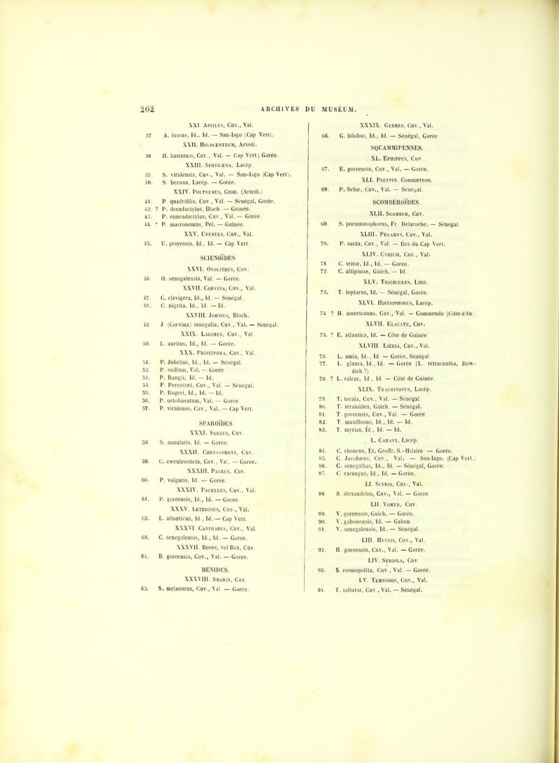 XXI. Apsilus, Cuv., Val. 37. A. l'uscus, Id., Id. — San-Iago (Cap Vert). XXII. Holocentrum, Arledi. 38 II. hastatum, Cuv., Val. - Cap Vert; Gorée. XXIII. Sphymna, Lacép. 33. S. viridensis, Cuv., Val. — San-Iago (Cap Vert). 40. S. becuna, Lacép. — Gorée. XXIV. Poltkejjus, Gron. (Artedi.) 41. P. quadrifilis, Cuv., Val. — Sénégal, Gorée. 42. ? P. decadaclylus, Bloch. — Guinée. 43. P. enneadactylus, Cuv., Val. — Gorée. 44. * P. macronemus, Pel. — Guinée. XXV. Upeneus, Cuv., Val. 45. V. prayensis, Id., Id. — Cap Vert. SC1ÉN0ÏDES XXVI. Oiolithus, Cuv. 46 0. senegalensis, Val. — Gorée. XXVII. Corvina, Cuv., Val. 17. C. clavigera, Id., Id. — Sénégal. 48. C. nigrita, Id., Id. — Id. XXVIII. Johmids, Bloch. 49. J. (Corvina) senegalla, Cuv., Val. — Sénégal. XXIX. Larimos, Cuv., Val. 50. L. auritus, ld., Id. — Gorée. XXX. Pristipojia, Cuv., Val. 51. P. Jubelini, Id., ld. — Sénégal. 52. P. suillum, Val. — Gorée. 53. P. Rangii, ld. — Id. 54. P. Perroltsei, Cuv., Val. — Sénégal. 55. P. Rogeri, Id., Id. — Id. 56. P. octolineatum, Val. — Gorée. 57. P. viridense, Cuv., Val. — Cap Vert. SPAROÏDES. XXXI. Sargus, Cuv. 58. S. annularis, ld. — Gorée. XXXII. Chrvsophrys, Cuv. 59. C. cooruleosticta, Cuv., Va!. — Gorée. XXXIII. Pagrus, Cuv. 60. P. vulgaris, Id. — Gorée. XXXIV. Pagellus, Cuv.. Val. 61. 1*. goreensis, Id., Id. — Gorée. XXXV. Lethrinus, Cuv., Val. t2. L. allanticus, Id., Id. — Cap Vert. XXXVI Cantharus, Cuv., Val. 68. C. senegalensis, ld., Id. — Gorée. XXXVII. Boops, vel Box, Cuv. 64. B. goreensis, Cuv., Val. — Gorée. MÉNIDES. XXXVIII. Smaris, Cuv. 65. S. melanurus, Cuv., Val. — Gorée. XXXIX. Gerres, Cuv., Val. 66. G. bilobus, Id., Id. — Sénégal, Gorée SQUAMMIPENNES. XL. Ephippus, Cuv. 67. E. goreensis, Cuv., Val. — Corée. XLI. Psettus. Commerson. 68. P. Sebae, Cuv., Val. — Sénégal. SCOMBÉROÏDES. XLII. SCOMBER, CUV. 69. S. pneumalophorus, Fr. Delaroche. — Sénégal XLUI. Pelahys, Cuv., Val. 70. P. sarda, Cuv., Val. — lies du Cap Vert. XLIV. Cybium, Cuv., Val. 7\. C. tritor, Id., Id. — Gorée. 72. C. altipinne, Guich. — Id. XLV. Trichiuriis, Linn. 73. T. leptarus, Id. — Sénégal, Gorée. XLV1. IIisnopiioRus, Lacép. 74. '? H. americanus, Cuv., Val. - Commendo (Côte-d'Or). XLVII. Elacate, Cuv. 75. ? E. allante, Id. — Côte de Guinée. XLVIII. Lichia, Cuv., Val. 76. L. amia, Id., Id. — Gorée, Sénégal. 77. L. glauca, Id., ld. — Gorée (L. tetracantha, Bow- dich.?) 78. ? L. calcar, Id., Id. — Côle de Guinée. XL1X. Trachinotus, Lacép. 79. T. teraia, Cuv., Val. — Sénégal. 80. T. teraioïdes, Guich. — Sénégal. 81. T. goreensis, Cuv., Val. — Gorée. 82. T. inaxillosus, Id., ld. — Id. 83. T. myrias, Id., Id. — Id. L. Caranx, Lacép. 85. C. rhoncus, Ét. Geoffr. S.-Hilaire. — Gorée. 85. C. Jacobaeus, Cuv., Val. — San-Iago. (Cap Vert., 86. C. senegallus, Id., Id. — Sénégal, Gorée. 87. C. carangus, ld., Id. — Gorée. LI. Scyris, Cuv-, Val. 88. S. alexandrins, Cuv., Val. — Gorée. LU. Vomer, Cuv. 89. V. goreensis, Guich. — Gorée. 90. V. gabonensis, Id. — Gabon. 91. V. senegalensis, Id. — Sénégal. LUI. Hynnis, Cuv., Val. 92. H. goreensis, Cuv., Val. — Gorée. L1V. Seriola, Cuv. 93. S. cosmopolita, Cuv., Val. — Gorée. LV. Temnodon, Cuv., Val. 9i. T. saltator, Cuv., Val. — Sénégal.