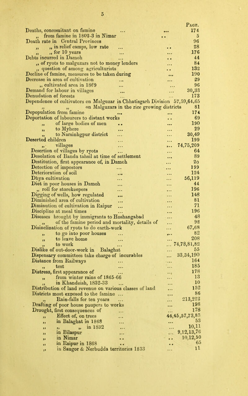 Page. Deaths, concomitant on famine ... M. 174 „ from famine in 1802-3 in Nimar *. 5 Death rate in Central Provinces 96 „ „ in relief camps, low rate ... .. 28 „ „ for 10 years ... ... 176 Debts incurred in Damoh ... .. 44 of ryots to malguzars not to money lenders ... 84 question of among agriculturists .. 132 Decline of famine, measures to be taken during ... 190 Decrease in area of cultivation ... ... 29 ,, cultivated area in 1869 ... ■ ... 96 Demand for labour in villages ... ... 30,33 Denudation of forests ... ... 173 Dependence of cultivators on Malguzar in Chhatisgarh Division 57,59,64,65 „ ,, on Malguzars in the rice growing districts 81 Depopulation from famine ... ... 174 Deportation of labourers to distant works .. 69 ,, of lanje bodies of men .. —. 190 „ to Myhere ... ... 29 „ to Narsiuhgpur district ... ... 30,49 Deserted children ... ... 199 „ villages ... ,.. 74,75,209 Desertion of villages by ryots ... ... 64 Desolation of Banda tahsil at time of settlement ... 89 Destitution, first appearance of, in Damoh ... 2o Detection of impostors ... ... 199 Deterioration of soil ... ... 124 Dhya cultivation ... ... 56,119 Diet in poor houses in Damoh ... ... 44 „ roll for storekeepers ... ... 196 Digging of wells, how regulated ... ... 148 Diminished area of cultivation ... ... 81 Diminution of cultivation in Raipur ... ... 71 Discipline at meal times ... ... 196 Diseases brought by immigrants to Hoshangabad ... 48 of the famine period and mortality, details of ... 98 Disinclination of ryots to do earth-work ... 67,68 j, to go into poor houses ... 82 „ to leave home ... ... 208 to work ... ... 74,78,81,82 Dislike of out-door-work in Balaghat ... 55 Dispensary committees take charge of incurables ... 33,34,190 Distance from Kail ways ... ... 164 „ test ... ... 185 Distress, first appearance of ... ... 178 „ from winter rains of 1865-66 ... 13 in Khandeish, 1832-33 ... ... 10 Distribution of land revenue on various classes of land ... 152 Districts most exposed to the famine ... ... 86 „ Rain-falls for ten years ... ... 213,222 Drafting of poor house paupers to works ... 198 Drought, first consequences of ... ... 178 „ Effect of, on trees ... 44,45,57,73,8 „ in Balaghat in 1868 ... ... 53 „ in 1832 ... ... 10,11 in Bilaspur ... ... 9,12,13,76 in Nimar .. .. 10,12,50 „ in Raipur in 1868 .. 65 „ in Saugor & Nerbudda territories 1833 ... ll