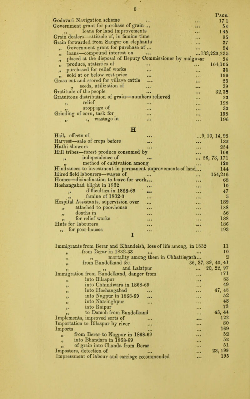 Page. Godavari Navigation scheme ... ... 171 Government grant for purchase of grain ... ... 54 „ loans for land improvements ... 14,5 Grain dealers—attitude of, in famine time ... 85 Grain forwarded from Saugor on elephants , ... 37 „ Government grant for purchase of... ... 54 „ loans—compound interest on ... ...133,223,235 „ placed at the disposal of Deputy Commissioner by malguzar 54 „ produce, statistics of ... ... 104,105 „ purchased for relief works ... ... 35 „ sold at or below cost price ... ... 199 Grass cut and stored for village cattle ... _ 23 „ seeds, utilization of ... ^ 29 Gratitude of the people ... ... 32,38 Gratuitous distribution of grain—numbers relieved ... 23 „ relief ... ... 198 „ stoppage of ... ... 33 Grinding of corn, task for ... ... 195 „ }, wastage in ... ... 196 H Hail, effects of ... ...9,10,14,95 Harvest—sale of crops before ... ... 132 Hathi showers ... ... 254 Hill tribes—forest produce consumed by ... 106 „ independence of ... .. 56,73,171 „ method of cultivation among ... 120 Hindrances to investment in permanent improvements of land... 144 Hired field labourers—wages of ... ... 154,246 Homes—disinclination to leave for work... ... 68 Hoshangabad blight in 1832 ... ... 10 „ difficulties in 1868-69 ~ ... 47 „ famine of 1802-3 ... ... 5 Hospital Assistants, supervision over ... ... 189 ,, attached to poor-house ... ... 188 „ deaths in ... ... 56 „ for relief works ... ... 188 Huts for labourers ... 186 „ for poor-houses ... ... 193 I Immigrants from Berar and Khandeish, loss of life among, in 1832 11 „ from Berar in 1832-33 ... ... 10 ,, mortality among them in Chhattisgarh... 2 „ from Bundelkand &c. 36, 37, 39, 40,41 „ and Lalatpur ... 20, 22, 97 Immigration from Bundelkand, danger from ... 171 „ into Bilaspur ... 83 „ into Chhindwara in 1868-69 ... 49 „ into Hoshangabad ... ... 47, 48 „ into Nagpur in 1868-69 ... ... 52 „ into Narsinghpur ... ... 4-8 „ into Raipur ... 73 „ to Damoh from Bundelkand ... 43,44 Implements, improved sorts of ... ... 122 Importation to Bilaspur by river 80 Imports ... ... 169 „ from Berar to Nagpur in 1868-69 ... 52 „ into Bhandara in 1868-69 ... 52 of grain into Chanda from Berar ... 51 Impostors, detection of ... ... 23,199 Impressment of labour and carriage recommended ... 195