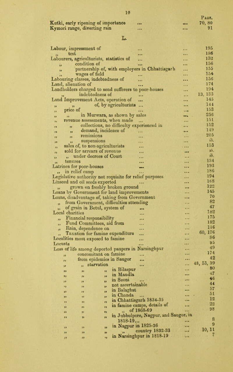 II II 5» 10 Kutki, early ripening of importance ... ... Kymori range, diverting rain L. Labour, impressment of ,, test ... ••• Labourers, agriculturists, statistics of ... condition of partnership of, with employers in Chhattisgarh wages of field Labouring classes, indebtedness of Land, alienation of Landholders charged to send sufferers to poor-houses „ indebtedness of Land Improvement Acts, operation of „ „ of, by agriculturists ... „ price of ... ... „ in Murwara, as shown by sales „ revenue assessments, when made „ „ collections, no difficulty experienced in ,, „ demand, incidence of „ remissions „ suspensions sales of, to non-agriculturists sold for arrears of revenue ,, „ under decrees of Court „ tenures Latrines for poor-houses — ,, in relief camp Legislative authority not requisite for relief purposes Linseed and oil seeds exported „ grown on freshly broken ground Loans by Government for land improvements Loans, disadvantage of, taking from Government „ from Government, difficulties attending „ of grain in Betul, system of Local charities „ Financial responsibility ,, Fund Committees, aid from „ Rain, dependence on Taxation for famine expenditure ... Localities most exposed to famine Locusts Loss of life among deported paupers in Narsinghpur concomitant on famine from epidemics in Saugor „ starvation „ „ in Bilaspur „ „ in Mandla in Seoni not ascertainable in Balaghat —« in Chanda in Chhattisgarh 1834-35 in famine camps, details of „ of 1868-69 in Jubbulpore, Nagpur, and Saugor, in 1818-19... „ „ in Nagpur in 1825-26 „ „ „ country 1832-33 „ „ in Narsinghpur in 1818-19 >» >> >» •i »> >* •> n >» »> » ii V II Page. 70, 80 91 195 186 132 156 155 154. 156 174 194 13, 133 145 144 153 256 151 152 149 205 ib. 153 ib. ib. 134 193 186 194 168 122 145 70 82 47 182 175 182 116 60, 176 86 y5 49 174 42 48, 53, 39 80 47 46 44 57 51 12 22 98 8 9