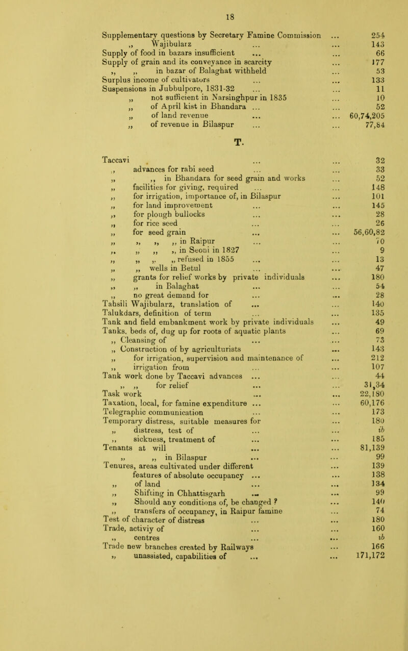 Supplementary questions by Secretary Famine Commission ... 254 ,, Wajibularz ... ... 143 Supply of food in bazars insufficient ... ... 66 Supply of grain and its conveyance in scarcity ... J77 ,, ,, in bazar of Balaghat withheld ... 53 Surplus income of cultivators ... ... 133 Suspensions in Jubbulpore, 1831-32 ... ... 11 „ not sufficient in Narsinghpur in 1835 ... 10 „ of April kist in Bhandara ... ... 52 „ of land revenue ... ... 60,74,205 „ of revenue in Bilaspur ... ... 77,84 T. Taccavi ... ... 32 ., advances for rabi seed ... ... 33 „ in Bhandara for seed grain and works ... 52 „ facilities for giving, required ... ... 148 for irrigation, importance of, in Bilaspur ... 101 „ for land improvement ... ... 145 ,, for plough bullocks ... ... 28 „ for rice seed ... ... 26 ,, for seed grain ... ... 56,60,82 „ „ „ „ in Raipur ... ... 70 ,, „ ,, ,, in Seoni in 1827 ... 9 „ „ ,. „ refused in 1855 ... ... 13 „ „ wells in Betul ... ... 47 „ grants for relief works by private individuals ... 180 „ in Balaghat ... ... 54 ,, no great demand for ... ... 28 Tahsili Wajibularz, translation of ... ... 140 Talukdars, definition of term ... ... 135 Tank and field embankment work by private individuals ... 49 Tanks, beds of, dug up for roots of aquatic plants ... 69 ,, Cleansing of ... ... 73 „ Construction of by agriculturists «. 143 „ for irrigation, supervision and maintenance of ... 212 ,, irrigation from ... ... 107 Tank work done by Taccavi advances ... ... 44 for relief ... ... 31,34 Task work ~. ... 22,180 Taxation, local, for famine expenditure ... ... 60,176 Telegraphic communication ... ••• 173 Temporary distress, suitable measures for ... 180 „ distress, test of ... ... ib sickness, treatment of ... ••• 185 Tenants at will ... ... 81,139 „ ,, in Bilaspur ... ••• 99 Tenures, areas cultivated under different ... 139 features of absolute occupancy ... ••• 138 „ of land ... ... 134 ,, Shifting in Chhattisgarh .« ... 99 „ Should any conditions of, be changed ? ... 140 ,, transfers of occupancy, in Raipur famine ... 74 Test of character of distress ... ... 180 Trade, activiy of ... ... 160 ., centres ... ... ib Trade new branches created by Railways ... 166 „ unassisted, capabilities of ... ... 171,172