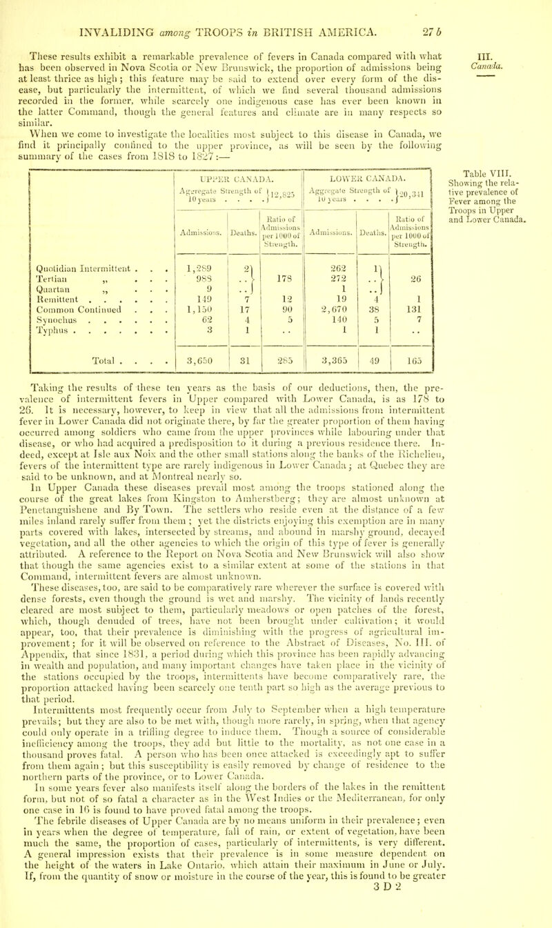 These results exhibit a remarkable prevalence of fevers in Canada compared with what has been observed in Nova Scotia or New Brunswick, the proportion of admissions being at least tlu-ice as high ; this feature may be said to extend over every form of the dis- ease, but particularly the intermittent, of which we find several thousand admissions recorded in the former, while scarcely one indigenous case has ever been known in the latter Command, though the general features and climate are in many respects so similar. When we come to investigate the localities most subject to this disease in Canada, we find it principally confined to the upper province, as will be seen by the following summary of the cases from 1818 to 1827:— Quolidiuu Intermittent Tertian ,, Quaitan ,, Remittent Common Continued Synochus Typhus .... Total UPi-'ER CANxVDA. AgL'regate Strength of 10 years 12,825 Admission i Deaths. Ratio of Admissions per lUOOoi Stieiiirth. 1,2S9 988 9 149 1,150 62 3 7 17 4 1 3,650 31 173 12 90 5 LOWER CANADA. Aggrfgate Strength of ■ lO^ears . . ' }20 Admissions. 285 262 272 1 19 ,670 140 1 Deatlis. Ratio of Admissions per lOUOof Strengtti. 4 38 5 1 26 1 131 7 3,365 49 165 III. Canada. Table VIII. Showing the rela- tive prevalence of Fever among the Troops in Upper and Lower Canada. Taking the results of these ten years as the basis of our deductions, then, the pre- valence of intermittent fevers in Upper compared with Lower Canada, is as 178 to 28. It is necessary, however, to keep in view that all the tidmissions from intermittent fever in Lower Canada did not originate there, by far the greater proportion of them having occurred among soldiers who came from the upper provinces while labouring under that disease, or who had acquired a predisposition to it during a previous residence there. In- deed, except at Isle aux Noix and the other small stations along the banks of the Richelieu, fevers of the intermittent type are rarely indigenous in Lower Ctmada; at Quebec they are said to be unknown, and at Montreal nearly so. In Upper Canada these diseases prevail most among the troops stationed along the course of the great lakes from Kingston to Amherstberg; they are almost unknown at Penetanguishene and By Town. The settlers who reside even at the distance of a few miles inland rarely suffer from them ; yet the districts enjoying this exemption are in many parts covered with lakes, intersected by streams, and abound in marshy ground^ decayed vegetation, and all the other agencies to which the origin of this type of fever is generally attributed. A refei'ence to the Report on Nova Scotia and New Brunswick will also show that though tlie same agencies exist to a similar extent at some of the stations in that Command, intermittent fevers are almost unknown. These diseases, too, are said to be comparatively rare wherever the surface is covered with dense forests, even though the ground is wet and marshy. The vicinity of lands recently cleared are most subject to them, particularly meadows or open patches of the forest, which, though denuded of trees, have not been brought under cultivation; it would appear, too, that their prevalence is diminishing with the progress of agricultural im- provement; for it will be observed on reference to the Abstract of Diseases, No. III. of Appendix, that since 1831, a period dtiring which this province has been rapidly advancing in wealth and population, and many important changes have taken place in the vicinity of the stations occupied by the troops, intermittents have become comparatively rare, the proportion attacked having been scarcely one tenth part so high as the average previous to that period. Intermittents most frequently occur from .July to September when a high temperature prevails; but they are also to be met with, though more rarelj-, in spring, when that agency could only operate in a triHing degree to induce them. Tiiough a source of considera!)!e inefficiency among the troops, thev add but little to the mortality, as not one case in a thousand proves fatal. A person who has been once attacked is exceedingly apt to suffer from them again ; but this susceptibility is easily removed by change of residence to the northern parts of the province, or to Lower Canada. In some years fever also manifests itself along the borders of the lakes in the remittent form, but not of so fatal a character as in the West Indies or the Mediterranean, for only one case in 16 is found to have proved fatal among the troops. The febrile diseases of Upper Canada are by no means unifon^i in their prevalence; even in years wdien the degree of temperature, fall of rain, or extent of vegetation, have been much the same, the proportion of cases, particularly of intermittents, is very different. A general impression exists that their prevalence is in some measure dependent on the height of the waters in Lake Ontario, which attain their maximum in June or July. If, from the quantity of snow or moisture in the course of the vear, this is found to be greater 3 D 2