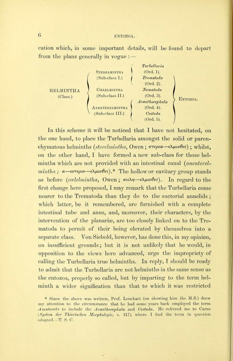 cation which, in some important details, will be found to depart from the plans generally in vogue :— /' Turbellaria Stekelmintha ] (Ord. 1). (Sub-class I.) I Trematoda (Ord. 2). HELMINTHA ) Ccelelmintha Nematoda (Class.) ) (Sub-class II.) (Ord. 3). AcanthocepJiala Anentekelmintha ) (Ord. 4). Entozoa. (Sub-class III.) ) Cestoda (Ord. 5). In this scheme it will be noticed that I have not hesitated, on the one hand, to place the Turbellaria amongst the solid or paren- chymatous helminths {sterelmintha, Owen; a-repea—e\fiiv6e<;) • whilst, on the other hand, I have formed a new sub-class for those hel- minths which are not provided with an intestinal canal (anenterel- mmtha ; a—evrepov—6\/j,iv6e<;^ .* The hollow or cavitary group stands as before [coelelmintha, Owen ; koiXt]—eXyaw^e?). In regard to the first change here proposed, I may remark that the Turbellaria come nearer to the Trematoda than they do to the suctorial annelids ; wliich latter, be it remembered, are furnished with a complete intestinal tube and anus, and, moreover, their characters, by the intervention of the planarise, are too closely linked on to the Tre- matoda to permit of their being elevated by themselves into a separate class. Von Siebold, however, has done this, in my opinion, on insufficient grounds; but it is not unlikely that he would, in opposition to the views here advanced, urge the impropriety of calling the Turbellaria true helminths. In reply, I should be ready to admit that the Turbellaria are not helminths in the same sense as the entozoa, properly so called, but by imparting to the term hel- minth a wider signification than that to which it was restricted * Since the above was written, Prof. Leuckart (on showing him the M.S.) drew my attention to the circumstance that he had some years back employed the term Anentemta to include the Acanthocephala and Cestoda. He referred me to Carus {System, der Thierischen 3forpholocjie, s. 417), where I find the term in question adopted.-T. S. C.