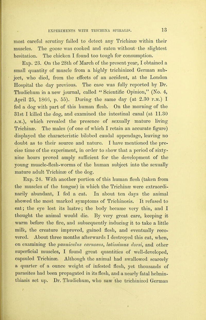 most careful scrutiny failed to detect any Tricliinge witliin their muscles. Tlie goose was cooked and eaten without the slightest hesitation. The chicken I found too tough for consumption. Exp. 23. On the 28th of March of the present year, I obtained a small quantity of muscle from a highly trichinized German sub- ject, who died, from the effects of an accident, at the London Hospital the day previous. The case was fully reported by Dr. Thudichum in a new journal, called  Scientific Opinion, (No. 4, April 25, 1863, p. 55). During the same day (at 2.30 p.m.) I fed a dog with part of this human flesh. On the morning of the 31st I killed the dog, and examined the intestinal canal (at 11.30 A.M.), which revealed the presence of sexually mature hving Trichina. The males (of one of which I retain an accurate figure) displayed the characteristic bilobed caudal appendage, leaving no doubt as to their source and nature. I have mentioned the pre- cise time of the experiment, in order to show that a period of sixty- nine hours proved amply sufficient for the development of the young muscle-flesh-worms of the human subject into the sexually mature adult Trichinge of the dog. Exp. 24. With another portion of this human flesh (taken from the muscles of the tongue) in which the Trichinee were extraordi- narily abundant, I fed a cat. In about ten days the animal showed the most marked symptoms of Trichinosis. It refused to eat; the eye lost its lustre; the body became very thin, and I thought the animal would die. By very great care, keeping it warm before the fire, and subsequently inducing it to take a little milk, the creature improved, gained flesh, and eventually reco- vered. About three months afterwards I destroyed this cat, when, on examining the panniculus carnosus, latissimus dorsi, and other superficial muscles, I found great quantities of well-developed, capsuled Trichinae. Although the animal had swallowed scarcely a quarter of a ounce weight of infested flesh, yet thousands of parasites had been propagated in its flesh, and a nearly fatal helmin- thiasis set up. Dr. Thudichum, who saw the trichinized German