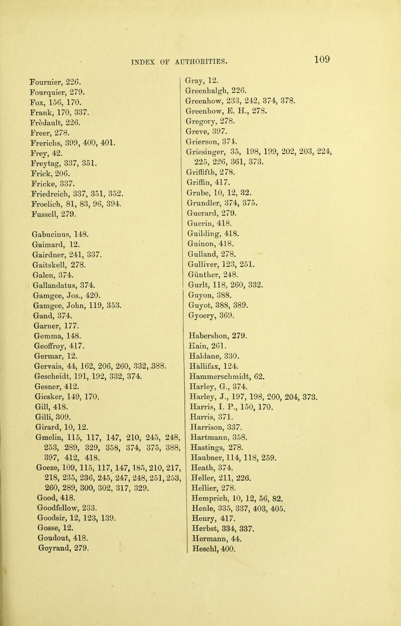 Pournier, 226. Fourquier, 279. Fox, 156, 170. Frank, 170, 337. Fredault, 226. Freer, 278. Frerichs, 399, 400, 401. Frey, 42. Freytag, 337, 351. Frick, 206. Fricke, 337. Friedreich, 337, 351, 352. Froelich, 81, 83, 96, 394. Fussell, 279. Gabucinus, 148. Gaimard, 12. Gairdner, 241, 337. Gaitskell, 278. Galen, 374. i Gallandatus, 374. Gamgee, Jos., 420. Gamgee, John, 119, 353. Gand, 374. Garner, 177. Gemma, 148. Geoffroy, 417. Germar, 12. Gervais, 44, 162, 206, 260, 332, 388. Gescheidt, 191, 192, 332, 374. Gesner, 412. Giesker, 149, 170. Gill, 418. Gilli, 309. Girard, 10, 12. Gmelin, 115, 117, 147, 210, 245, 248, 253, 289, 329, 358, 374, 375, 388, 397, 412, 418. Goeze, 109, 115, 117, 147,185, 210, 217, 218, 235, 236, 245, 247, 248, 251,253, 260, 289, 300, 302, 317, 329. Good, 418. GoodfeUow, 233. Goodsir, 12, 123, 139. Gosse, 12. Goudout, 418. Goyrand, 279. Gray, 12. Greenhalgh, 226. Greenhow, 233, 242, 374, 378. Greenhow, B. H., 278. Gregory, 278. Greve, 397. Grierson, 37i. Griesinger, 35, 198, 199, 202, 203, 224, 225, 226, 361, 373. Griffifth, 278. Griffin, 417. Grube, 10, 12, 82. Grundler, 374, 375. Guerard, 279. Guerin, 418. Guilding, 418. Guinon, 418. GuUand, 278. Gulliver, 123, 251. Giinther, 248. Gurlt, 118, 260, 332. Guyon, 388. Guyot, 388, 389. Gyoery, 369. Habershon, 279. Eain, 261. Haldane, 330. Hallifax, 124. Hammerschmidt, 62. Harley, G., 374. Harley, J., 197, 198, 200, 204, 373. Harris, I. P., 150, 170. Harris, 371. Harrison, 337. Hartmann, 358. Hastings, 278. Haubner, 114, 118, 259. Heath, 374. Heller, 211, 226. Hellier, 278. Hemprich, 10, 12, 56, 82. Henle, 335, 337, 403, 405. Henry, 417. Herbst, 384, 387. Hermann, 44. Heschl, 400.