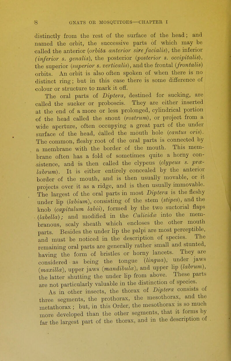 distinctly from the rest of the surface of the head; and named the orbit, the successive parts of which may be called the anterior {orbita anterior sire facialis), the inferior (inferior s. genalis), the posterior {posterior s. occipitalis), the superior {superior s. verticalis), and the frontal {frontalis) orbits. An orbit is also often spoken of when there is no distinct ring; but in this case there is some difference of colour or structure to mark it off. The oral parts of Diptera, destined for sucking, are called the sucker or proboscis. They are either inserted at the end of a more or less prolonged, cyhndrical portion of the head called the snout {rostrum), or project from a wide aperture, often occupying a great part of the under surface of the head, called the mouth hole {cantus oris). The common, fleshy root of the oral parts is connected by a membrane with the border of the mouth. This mem- brane often has a fold of sometimes quite a horny con- •sistence, and is then called the clypeus {chjpeus s. prce- labrum). It is either entirely concealed by the anterior border of the mouth, and is then usually movable, or it projects over it as a ridge, and is then usually immovable. The largest of the oral parts in most Diptera is the fleshy under lip {labium), consisting of the stem {stipes), and the knob {capitulum labii), formed by the two suctorial flaps ■ {labella); and modified in the GulicidcB into the mem- branous, scaly sheath which encloses the other mouth parts. Besides the under lip the palpi are most perceptible, and must be noticed in the description of species. The remaining oral parts are generally rather small and stunted, having the form of bristles or horny lancets. They are considered as being the tongue {lingua), under jaws (maxilla), upper jaws (mandibulcs), and upper hp (labrum), the latter shutting the under hp from above. These parts are not particularly valuable in the distinction of species. . As in other insects, the thorax of Diptera consists of three segments, the prothorax, the mesothorax, and the metathorax ; but, in this Order, the mesothorax is so much more developed than the other segments, that it forms by far the largest part of the thorax, and in the description of