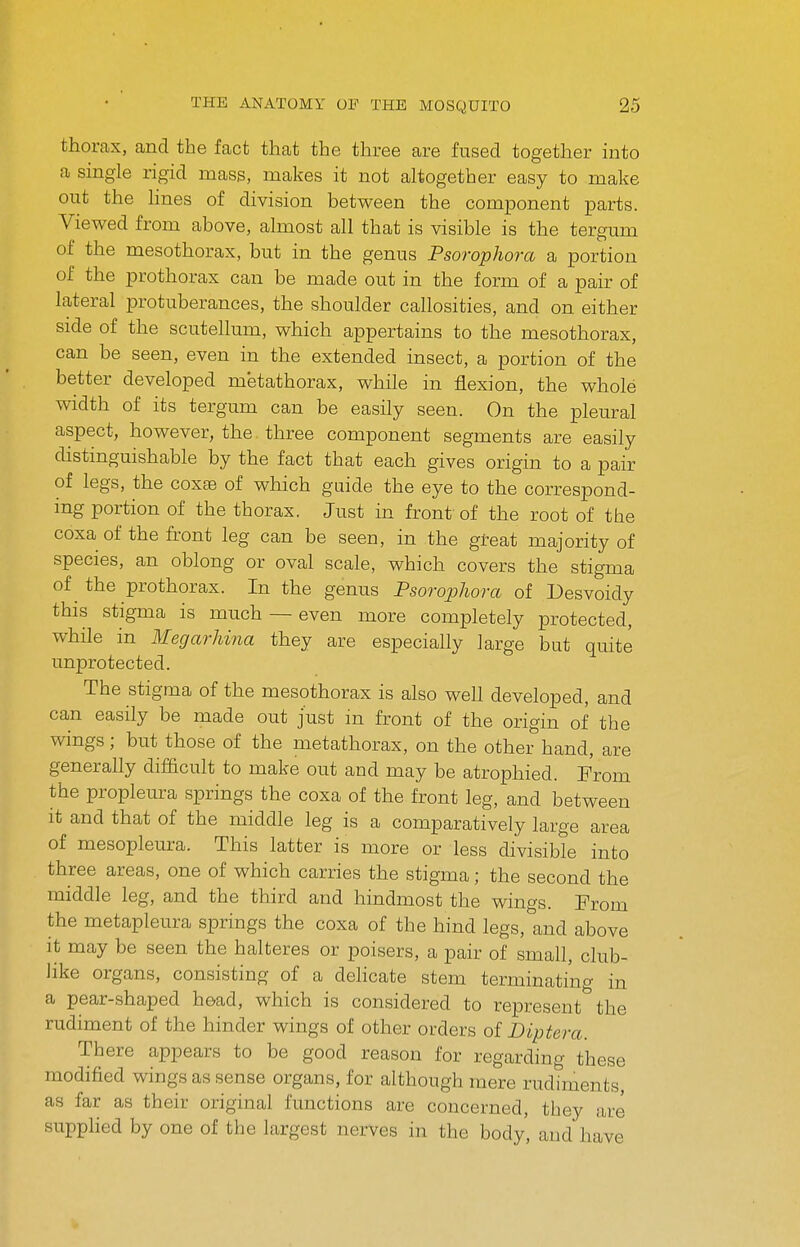 thorax, and the fact that the three are fused together into a single rigid mass, makes it not altogether easy to make out the hnes of division between the component parts. Viewed from above, almost all that is visible is the tergum of the mesothorax, but in the genus Psorophora a portion of the prothorax can be made out in the form of a pair of lateral protuberances, the shoulder callosities, and on either side of the scutellum, which appertains to the mesothorax, can be seen, even in the extended insect, a portion of the better developed metathorax, while in flexion, the whole width of its tergum can be easily seen. On the pleural aspect, however, the three component segments are easily distinguishable by the fact that each gives origin to a pair of legs, the coxse of which guide the eye to the correspond- ing portion of the thorax. Just in front of the root of the coxa of the front leg can be seen, in the gteat majority of species, an oblong or oval scale, which covers the stigma of the prothorax. In the genus Psorophora of Desvoidy this stigma is much — even more completely protected, while in Megarhina they are especially large but quite unprotected. The stigma of the mesothorax is also well developed, and can easily be made out just in front of the origin of the wings; but those of the metathorax, on the other hand, are generally difdcult to make out and may be atrophied. From the propleura springs the coxa of the front leg, and between it and that of the middle leg is a comparatively large area of mesoxjleura. This latter is more or less divisible into three areas, one of which carries the stigma; the second the middle leg, and the third and hindmost the wings. From the metapleura springs the coxa of the hind legs, and above it may be seen the halteres or poisers, a pair of small, club- like organs, consisting of a delicate stem terminating in a pear-shaped head, which is considered to represent the rudiment of the hinder wings of other orders oi Diptera. There appears to be good reason for regarding these modified wings as sense organs, for although mere rudiments, as far as their original functions are concerned, they are supplied by one of the largest nerves in the body, and have