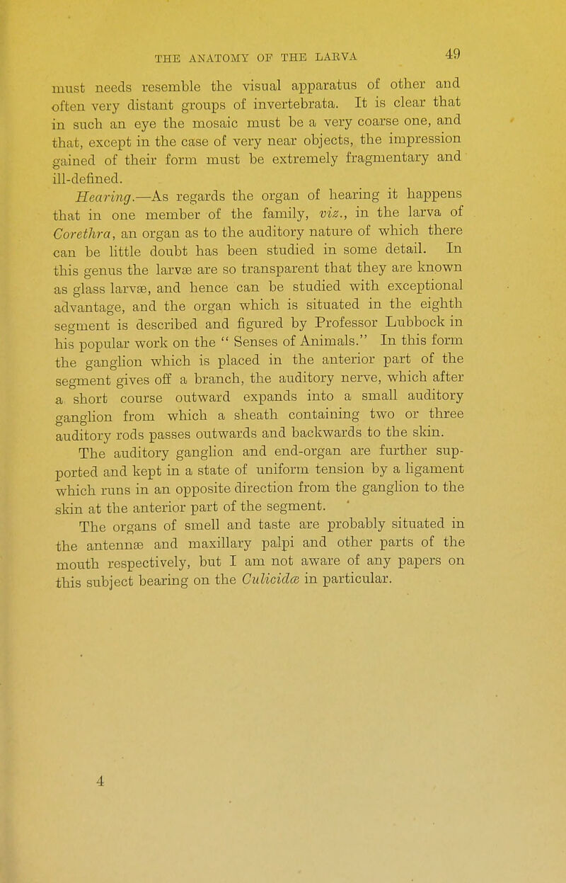 must needs resemble the visual apparatus of other and often very distant groups of invertebrata. It is clear that in such an eye the mosaic must be a very coarse one, and that, except in the case of very near objects, the impression gained of their form must be extremely fragmentary and ill-defined. Hearing.—As regards the organ of hearing it happens that in one member of the family, viz., in the larva of Corethra, an organ as to the auditory nature of which there can be httle doubt has been studied in some detail. In this genus the larvse are so transparent that they are known as glass larvEe, and hence can be studied with exceptional advantage, and the organ which is situated in the eighth segment is described and figured by Professor Lubbock in his popular work on the  Senses of Animals. In this form the ganghon which is placed in the anterior part of the segment gives off a branch, the auditory nerve, which after a, short course outward expands into a small auditory ganglion from which a sheath containing two or three auditory rods passes oiitwards and backwards to the skin. The auditory ganghon and end-organ are further sup- ported and kept in a state of uniform tension by a Hgament which runs in an opposite direction from the ganghon to the skin at the anterior part of the segment. The organs of smell and taste are probably situated in the antennae and maxillary palpi and other parts of the mouth respectively, but I am not aware of any papers on this subject bearing on the GulicidcB in particular. 4