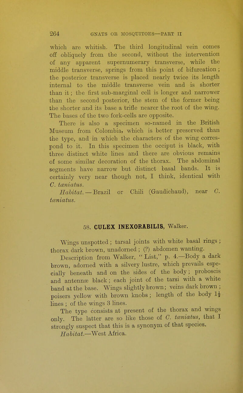 which are whitish. The third longitudinal vein comes off obliquely from the second, without the intervention of any apparent supernumerary transverse, while the middle transverse, springs from this point of bifurcation ; the posterior transverse is placed nearly twice its length internal to the middle transverse vein and is shorter than it; the first sub-marginal cell is longer and narrower than the second posterior, the stem of the former being the shorter and its base a trifle nearer the root of the wing. The bases of the two fork-cells are opposite. There is also a specimen so-named in the British Museum from Colombia, which is better preserved than the type, and in which the characters of the wing corres- pond to it. In this specimen the occiput is black, with three distinct white hues and there are obvious remains of some similar decoration of the thorax. The abdominal segments have narrow but distinct basal bands. It is certainly very near though not, I think, identical with C. tceniatus. Habitat.—Bxa^zil or ChiH (Gaudichaud), near C. t(sniatus. 58. CULEX INEXORABILIS, Walker. Wings unspotted ; tarsal joints with white basal rings ; thorax dark brown, unadorned ; (?) abdomen wanting. Description from Walker,  List, p. 4.—Body a dark brown, adorned with a silvery lustre, which prevails espe- cially beneath and on the sides of the body; proboscis and antenna black ; each joint of the tarsi with a white band at the base. Wings slightly brown; veins dark brown ; poisers yellow with brown knobs ; length of the body 1^ lines ; of the wings 3 lines. The type consists at present of the thorax and wings only. The latter are so Hke those of C. tmniatus, that I strongly suspect that this is a synonym of that species. Habitat.—West Africa.