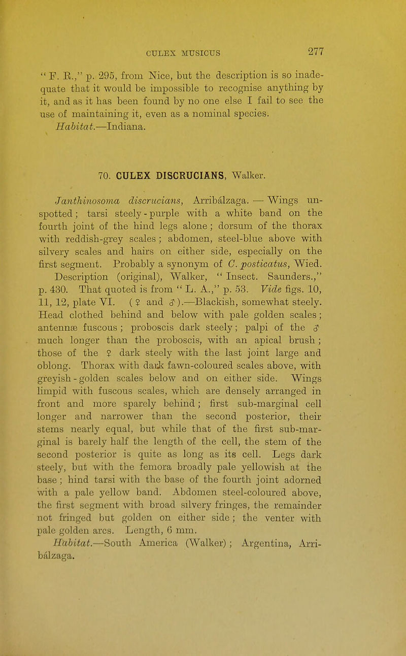  F. E., p. 295, from Nice, but the description is so inade- quate that it would be impossible to recognise anything by it, and as it has been found by no one else I fail to see the use of maintaining it, even as a nominal species. Habitat.—Indiana. 70. CULEX DISCRUCIANS, Walker. Janthinosoma discrucians, Arribalzaga. — Wings un- spotted ; tarsi steely - purple with a white band on the fourth joint of the hind legs alone ; dorsum of the thorax with reddish-grey scales ; abdomen, steel-blue above with silvery scales and hairs on either side, especially on the first segment. Probably a synonym of C. posticatus, Wied. Description (original). Walker,  Insect. Saunders., p. 430. That quoted is from  L. A., p. 53. Vide figs. 10, 11, 12, plate VI. ( ? and —Blackish, somewhat steely. Head clothed behind and below with pale golden scales; antennae fuscous ; proboscis dark steely; palpi of the 3 much longer than the proboscis, with an apical brush; those of the ? dark steely with the last joint large and oblong. Thorax with dark fawn-coloured scales above, with greyish - golden scales below and on either side. Wings limpid with fuscous scales, which are densely arranged in front and more sparely behind; first sub-marginal cell longer and narrower than the second posterior, their stems nearly equal, but while that of the first sub-mar- ginal is barely half the length of the cell, the stem of the second posterior is quite as long as its cell. Legs dark steely, but with the femora broadly pale yellowish at the base; hind tarsi with the base of the fourth joint adorned with a pale yellow band. Abdomen steel-coloured above, the first segment with broad silvery fringes, the remainder not fringed but golden on either side; the venter with pale golden arcs. Length, G mm. Habitat.—South America (Walker); Argentina, Arri- balzaga.