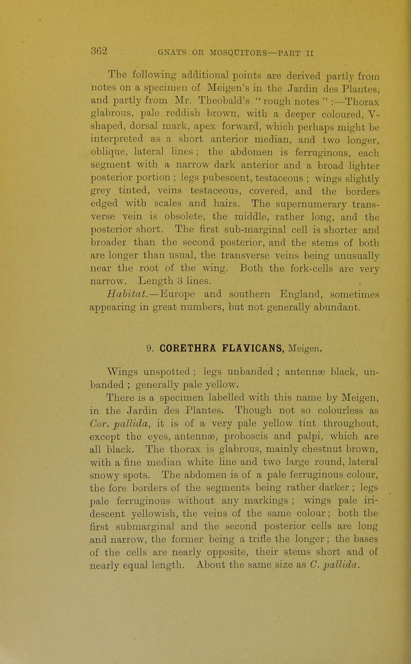 The following additional points are derived partly from notes on a specimen of Meigen's in tlie Jardin des Plantes, and partly from Mr. Theobald's  rough notes :—Thorax glabrous, pale reddish brown, with a deeper coloured, V- shaped, dorsal mark, apex forward, which perhaps might be interpreted as a short anterior median, and two longer, obhque, lateral Hnes; the abdomen is ferruginous, each segment with a narrow dark anterior and a broad lighter posterior portion ; legs pubescent, testaceous ; wings slightly grey tinted, veins testaceous, covered, and the borders edged with scales and hairs. The supernumerary trans- verse vein is obsolete, the middle, rather long, and the posterior short. The first sub-marginal cell is shorter and broader than the second posterior, and the stems of both are longer than usual, the transverse veins being unusually near the root of the wing. Both the fork-cells are very narrow. Length 3 lines. Habitat.—Europe and southern England, sometimes appearing in great numbers, but not generally abundant. 9. CORETHRA FLAYICANS, Meigen. Wings unspotted ; legs unhanded ; antennse black, un- handed ; generally pale yellow. There is a specimen labelled with this name by Meigen, in the Jardin des Plantes. Though not so colourless as Cor. pallida, it is of a very pale yellow tint throughout, except the eyes, antennae, proboscis and palpi, which are all black. The thorax is glabrous, mainly chestnut brown, with a fine median white line and two large round, lateral snowy spots. The abdomen is of a pale ferruginous colour, the fore borders of the segments being rather darker ; legs pale ferruginous without any markings ; wings pale iri- descent yellowish, the veins of the same colour; both the first submarginal and the second posterior cells are long and narrow, the former being a trifle the longer; the bases of the cells are nearly opposite, their stems short and of nearly equal length. About the same size as C. pallida.