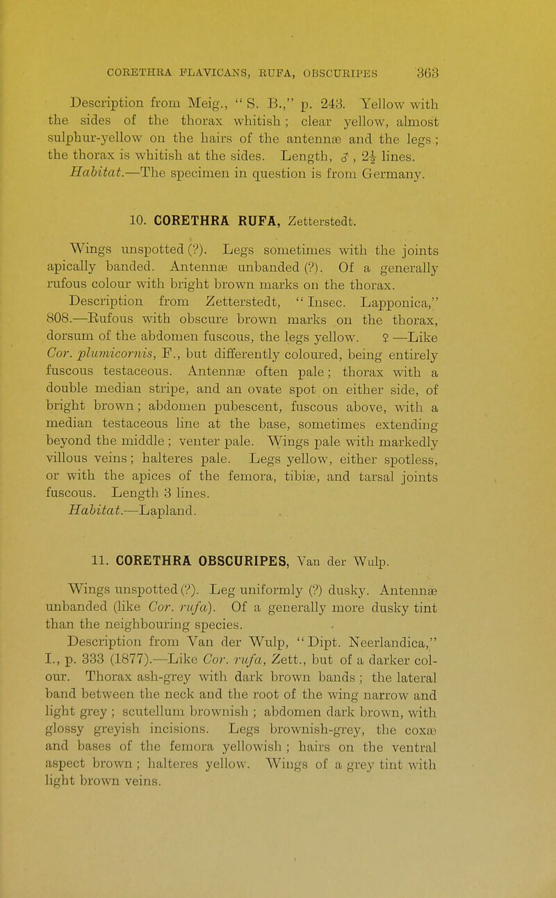 Description from Meig.,  S. B., p. 243. Yellow with the sides of the thorax whitish ; clear yellow, almost sulphur-yellow on the hairs of the antenna3 and the legs ; the thorax is whitish at the sides. Length, 3-, 2^ lines. Habitat.—The specimen in question is from Germany. 10. CORETHRA RUFA, Zetteistedt. Wings unspotted (?). Legs sometimes with the joints apically banded. Antennae unhanded ('?). Of a generally rufous colour with bright brown marks on the thorax. Description from Zetterstedt,  Insec. Lapponica, 808.—Eufous with obscure brown marks on the thorax, dorsum of the abdomen fuscous, the legs yellow. ? —Like Cor. xolumicornis, F., but differently coloured, being entirely fuscous testaceous. Antennas often pale; thorax with a double median stripe, and an ovate spot on either side, of bright brown; abdomen pubescent, fuscous above, with a median testaceous line at the base, sometimes extending beyond the middle ; venter pale. Wings pale with markedly villous veins; halteres pale. Legs yellow, either spotless, or with the apices of the femora, tibise, and tarsal joints fuscous. Length 3 lines. Habitat.—Lapland. 11. CORETHRA OBSCURIPES, Van dei Walp. Wings imspottedC?). Leg uniformly (?) dusky. Antennge unhanded (hke Cor. riifa). Of a generally more dusky tint than the neighbouring species. Description from Van der Wulp, Dipt. Neerlandica, I., p. 333 (1877).-—Like Cor. riifa, Zett., but of a darker col- our. Thorax ash-grey with dark brown bands; the lateral band between the neck and the root of the wing narrow and light grey ; scutellum brownish ; abdomen dark brown, with glossy greyish incisions. Legs brownish-grey, the coxas and bases of the femora yellowish ; hairs on the ventral aspect brown ; halteres yellow. Wings of a grey tint with light brown veins.