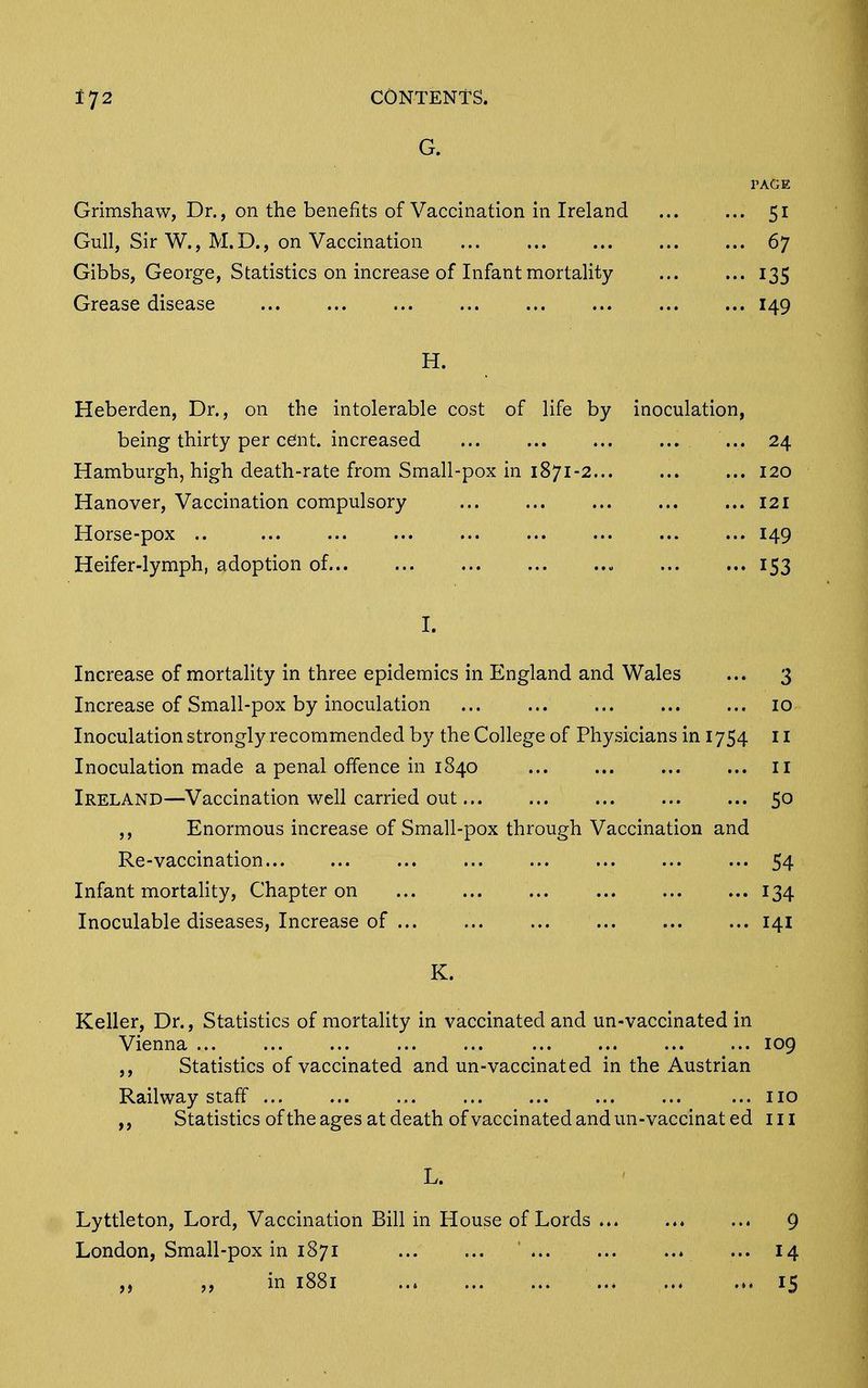 G. PAGE Grimshaw, Dr., on the benefits of Vaccination in Ireland ... ... 51 Gull, Sir W., M.D., on Vaccination 67 Gibbs, George, Statistics on increase of Infant mortality 135 Grease disease 149 H. Heberden, Dr., on the intolerable cost of life by inoculation, being thirty per cent, increased ... ... 24 Hamburgh, high death-rate from Small-pox in 1871-2 120 Hanover, Vaccination compulsory 121 Horse-pox .. 149 Heifer-lymph, adoption of 153 I. Increase of mortality in three epidemics in England and Wales ... 3 Increase of Small-pox by inoculation 10 Inoculation strongly recommended by the College of Physicians in 1754 11 Inoculation made a penal offence in 1840 11 Ireland—Vaccination well carried out 50 ,, Enormous increase of Small-pox through Vaccination and Re-vaccination 54 Infant mortaUty, Chapter on 134 Inoculable diseases. Increase of 141 K. Keller, Dr., Statistics of mortality in vaccinated and un-vaccinated in Vienna 109 ,, Statistics of vaccinated and un-vaccinated in the Austrian Railway staff ... no Statistics of the ages at death of vaccinated and un-vaccinat ed in L. Lyttleton, Lord, Vaccination Bill in House of Lords ... 9 London, Small-pox in 1871 ... ... 14 in 1881 15