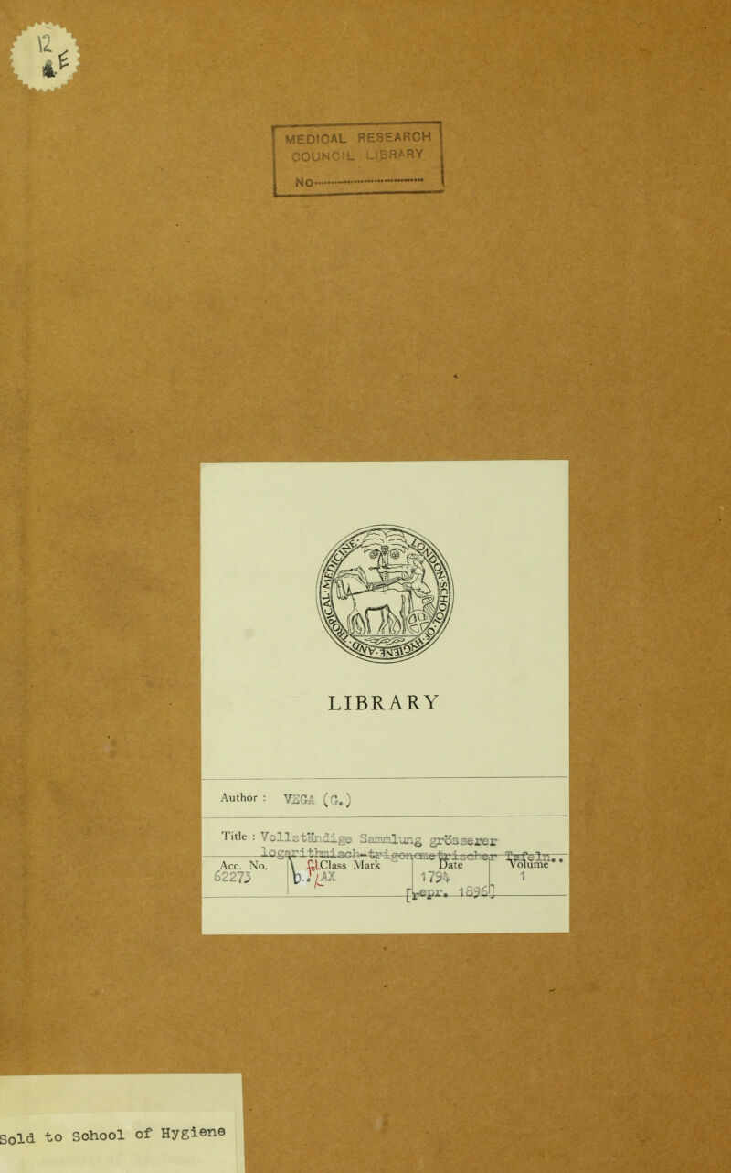 MEDICAL RESEARCH COUNCIL LIBRARY No LIBRARY Author Title Acc Vollstandige Sammlung grosserer Date \ £i.Class Mark 1794 olume 1