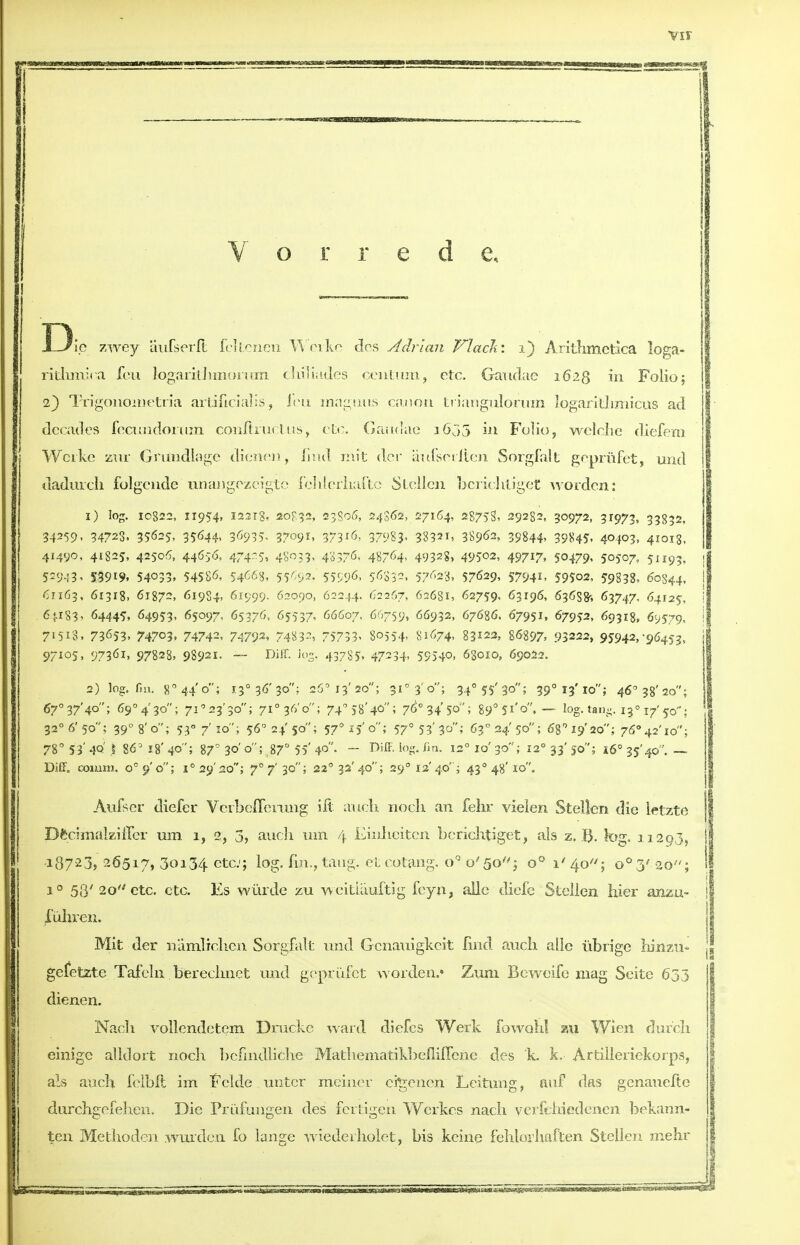 D ie zwey aufserlt fekcnen Wcrkc des Adrian Vlaclt: i) Arithmctica loga- rithm]* a foil JogaritJimoiTira cliiiiatles centum, etc. Gaudae i62g in Folio; 2) Trigonoinetria artificialis, feu inagtius canon t!-iaugulorum iogariilimicus ad decades fecuudoium conftruclus, etc. Gaudae 3655 in Folio, wclclie diefem Wcike zur Gnindlage dienen, I]ml mit dor aufsetlien Sorgfalt geprufet, und dadurcli folgende unangezeigte fcldcrhafte Stellcn bcrichiiget worden: 1) log. 10822, 11954, 12213, 20832, 23806, 24862, 27164, 28753, 29282, 30972, 31973, 33832, 34259. 34728. 35625, 35644, 36935- 37«9*. 373i6.. 37983. 38321, 38962, 39844. 39*45. 40403, 41013, [ 41490, 41825, 42506, 44656, 47425, 48033, 43376, 48764. 4932S) 495°2, 497i7> 50479. 50507, 51195, 52943, S39*9> 54033. 54586, 54668, 5V>9*> 55S96, 56332, 57623, 57629, 57941, 59502, 59838, 60344, 61163, 61318, 61872, 619S4, 61999. 62090, 62244. 62267, 62681, 62759, 63196, 636S8', 63747, 64125, 6«-i83. 64445, 64953, 65097, 65376, 65537, 66607, 66759, 66932, 676^6, 67951, 67^2, 69318, 69579, 71513, 73653, 74703, 74742, 74792, 74832, 75733. 80554. 81674, 83*22, 86897, 93222, 95942, 96453, 97105, 97361, 97828, 98921. ~~ Diff. log, 43785, 47-34. 59540, 63010, 69022. 2) log. fm. 8° 44'o; i3°36'3o; 26° 13'20; 31° 3' o; 340 55' 30; 390 13'10; 46°38'2o; 67°37'4°; 69° 4 3o; 7i°23'3o; 71° $6?o; 74° 58'40; 7& 34 50'; 89° 5i'o. — log. tang. 13° 17'50; 32° 6'50; 390 s'o; 53° 7' 10; 56° 24' 50; 570 15' o; 57° 53' 30; 630 04'50; 68° 19' 20; 760 42' 10; 78° 53' 40' I 86D 18' 40; 87° 30' o; 87° 55' 40. - Diff. log. fin. 12010' 30; 120 33' 50; x6° 35'40. ~ Diff. comm. o°9'o; i°29'2o; 7° 7' 30; 22°32'4o; 29°i2'4o'; 430 48'10. Aufser diefer VoibelTonmg ifl audi noch an fehr vielen Stellcn die letzte DfccimalziiTer urn 1, 2, 3, audi urn 4 Eiuhcitcn berichtiget, als z. B. fog, 11293, 13723, 26517, 30134 etc; log. fin., taug. el cotang, o° o'5o; o° i'4o; o°3' 20; i° 58' 20 etc. etc. Es wiirde zu wcidauftig feyn, ailc diefe Stellen hier anzu- fuhren. Mit der namliclien Sorgfalt und Gcnauigkeit find auch alle iibrige hinzu* gefetzte Tafeln bereclinet und geprufet worden.* Zum Beweife mag Seite 633 dienen. Nach vollendetem Drucke ward diefes Werk fowohl zu Wien durcli einige alldort noch bcfnidliche MathematikbefiuTcnc. des k. L Artilleriekorps, als an el 1 felblt im Felde untcr meiner eh^euen Leituug, nuf das genauefte durchgefehen. Die Priifungen des fertigen Werkes naeli verfehiedenen bekann- ten Methoden wurden fo lange wiederholet, bis keine fehlorliaften Stellen mehr