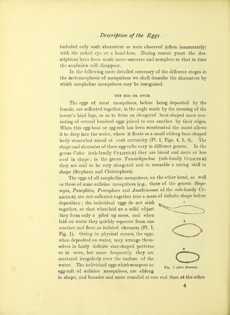 Description of the Eggs. included only such, characters as were observed (often inaccurately) with the naked eye or a hand-lens. During recent years the des- criptions have been much more accurate and complete so that in time the confusion will disappear. In the following more detailed summary of the different stages in the metamorphosis of mosquitoes we shall describe the characters by which anopheline mosquitoes may be recognised. THE EGG OR OVUM. The eggs of most mosquitoes, before being deposited by the female, are collected together, in the angle made by the crossing of the insect's hind legs, so as to form an elongated boat-shaped mass con- sisting of several hundred eggs joined to one another by their edges. When this egg-boat or egg-raft has been constructed the insect allows it to drop into the water, where it floats as a small oblong boat-shaped body somewhat raised at each extremity (PI. I, Figs. 4, 5, 6). The shape and character of these egg-rafts vary in different genera. In the genus Culex (sub-family Culicin^) they are broad and more or less oval in shape ; in the genus Tceniorhynchus (sub-family Culicin^) they are said to be very elongated and to resemble a racing skiff in shape (Stephens and Christophers). The eggs of all anopheline mosquitoes, on the other hand, as well as those of some culicine mosquitoes {e.g., those of the genera Stego- myia, Panoplites, Psorophora and Janihinsoma of the sub-family Cu- licine) are not collected together into a mass of definite shape before deposition ; the individual eggs do not stick together, so that when laid on a solid object they form only a piled up mass, and when laid on water they quickly separate from one i> ^^^..^^^^^^ another and float as isolated elements (PI. I, /^'^'^ Fig. 1). Owing to physical causes, the eggs, ^*>^»*,__.,.a-?^ when deposited on water, may arrange them- selves in fairly definite star-shaped patterns or in rows, but more frequently they are scattered irregularly over the surface of the water. The individual eggs which compose an ^. r. ■ ,. ^ Fig. 1 {after Daniels). egg-raft of culicine mosquitoes, are oblong in shape, and broader and more rounded at one end than at the other