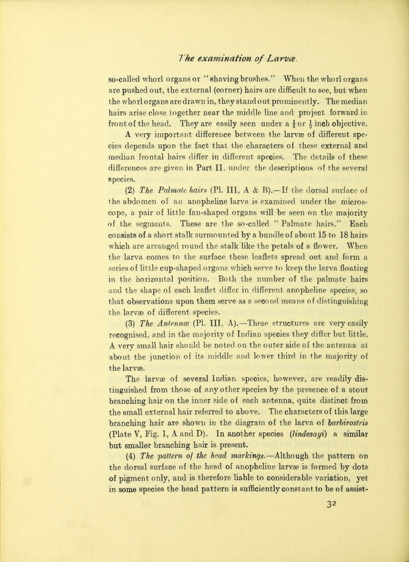 so-called whorl organs or shavingbrushes, When the whorl organs are pushed out, the external (corner) hairs are difficult to see, but when the whorl organs are drawn in, they stand out prominently. The median hairs arise close together near the middle line and project forward in front of the head. They are easily seen under a |^ or i inch objective. A very important difference between the larvae of different spe- cies depends upon the fact that the characters of these external and median frontal hairs differ in different species. The details of these differences are given in Part II, under the descriptions of the several species. (2) TU Palmate hairs (PI. Ill, A & B).~If the dorsal surface of the abdomen of an anophehne larva is examined under the micros- cope, a pair of little fan-shaped organs will be seen on the majority of the segments. These are the so-called  Palmate hairs. Each consists of a short stalk surmounted by a bundle of about 15 to 18 hairs which are arranged round the stalk like the petals of a flower. When the larva comes to the surface these leaflets spread out and form a series of little cup-shaped organs which serve to keep the larva floating in the horizontal position. Both the number of the palmate hairs and the shape of each leaflet difi'er in different anopheline species, so that observations upon them serve as a second means of distinguishing the larvae of different species. (3) The AnfenncB (PI. Ill, A).—These structures are very easily recognised, and in the ma jority of Indian species they difl'er but little. A very small hair should be noted on the outer side of the antenna at about the junction of its middle and lower third in the majority of the larvae. The larvae of several Indian species, however, are readily dis- tinguished from those of any other species by the presence of a stout branching hair on the inner side of each antenna, quite distinct from the small external hair referred to above. The characters of this large branching hair are shown in the diagram of the larva of barhirostris (Plate V, Fig. 1, A and D). In another species {Undesayi) a similar but smaller branching hair is present. (4) The pattern of the head markings.—Although the pattern on the dorsal surface of the head of anopheline larvae is formed by dots of pigment only, and is therefore liable to considerable variation, yet in some species the head pattern is sufficiently constant to be of assist-
