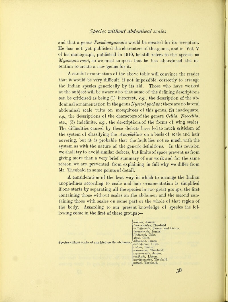 and that a genus Pseudomyzomyia would be created for its reception. He has not yet published the characters of this genus, and in Vol. V of his monograph, published in 1910, he still refers to the species as Myzomyia rossi, so we must suppose that he has abandoned the in- tention to create a new genus for it. A careful examination of the above table will convince the reader that it would be very difficult, if not impossible, correctly to arrange the Indian species generically by its aid. Those who have worked at the subject will be aware also that some of the defining descriptions can be criticised as being (1) incorrect, e.g., the description of the ab- dominal ornamentation in the genus Nyssorhynchus; there are no lateral abdominal scale tufts on mosquitoes of this genus, (2) inadequate, e.g., the descriptions of the characters of the genera Cellia, Neocellia, etc., (3) indefinite, e.g., the descriptions of the forms of wing scales. The difficulties caused by these defects have led to much criticism of the system of classifying the AnophelincB on a basis of scale and hair covering, but it is probable that the fault lies not so much with the system as with the nature of the generic definitions. In this revision we shall try to avoid similar defects, but limits of space prevent us from giving more than a very brief summary of our work and for the same reason we are prevented from explaining in full why we differ from Mr. Theobald in some points of detail. A consideration of the best way in which to arrange the Indian anophelines according to scale and hair ornamentation is simplified if one starts by separating all the species in two great groups, the first containing those without scales on the abdomen and the second con- taining those with scales on some part or the whole of that region of the body. According to our present knowledge of species the fol- lowing come in the first of these groups:— aitkeni, James. immaculaius, Theobald. cvliciformis, James and Lisbon. harianensis, James. lindesayi, Giles. gigas, Giles. simlensis, James. culicijiicies, Giles. listoni, Liston. lepiomeres, Theobald. 'jeyporiensis, James. iurhliudi, Liston. nigrifasciatus, Theobald. nursei, Theobald. Species without scales of any kind on the abdomen.